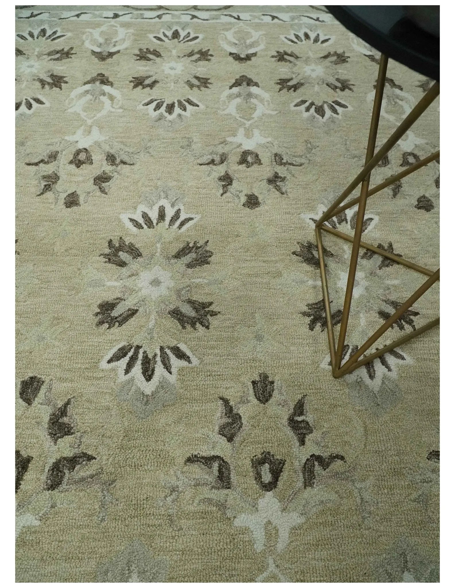 Custom Made Beige, Ivory and Charcoal Traditional Ikat design Hand Tufted wool Area Rug