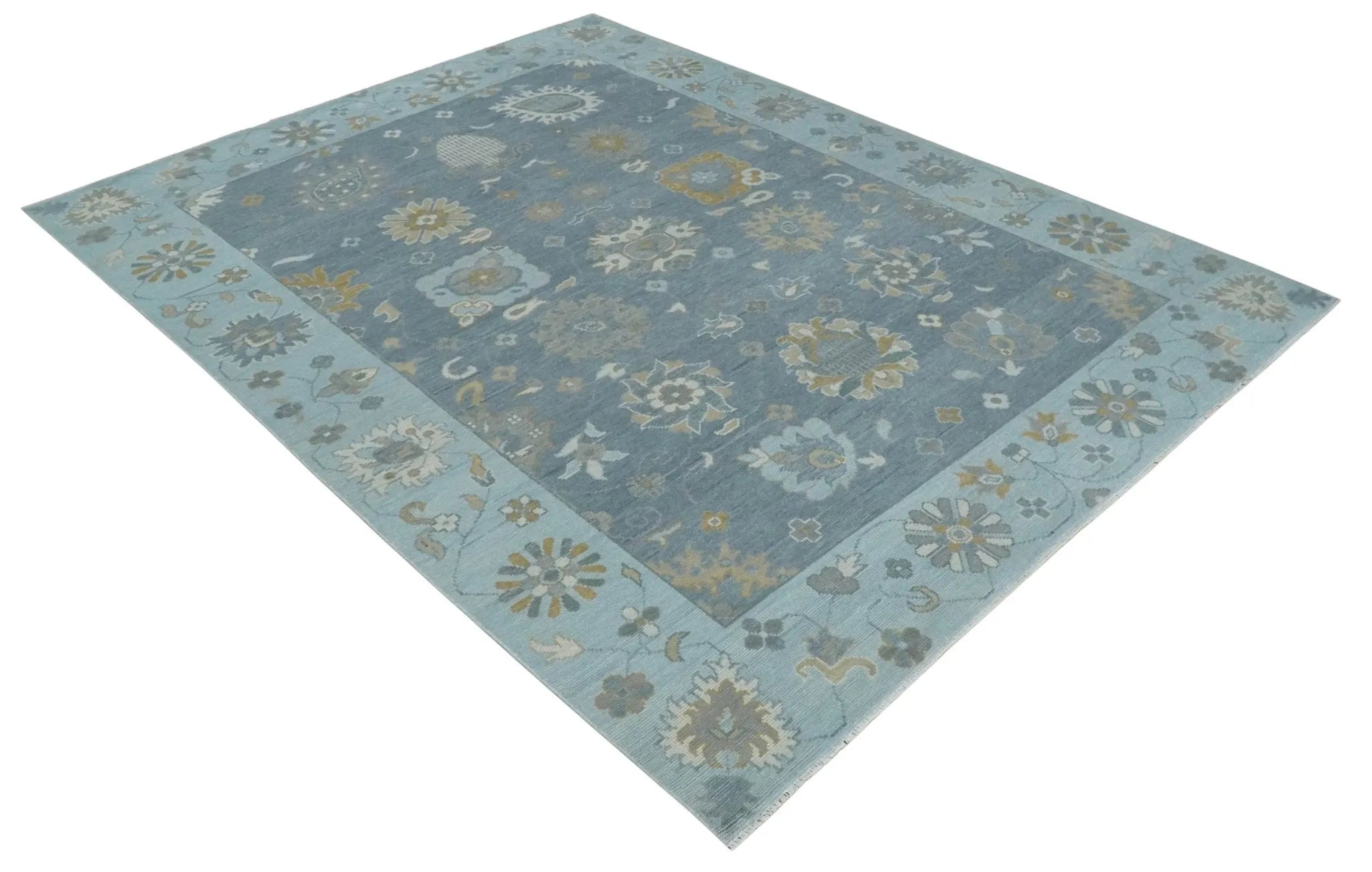 Custom Made Blue and Aqua Hand Knotted Traditional Oushak Wool Area Rug