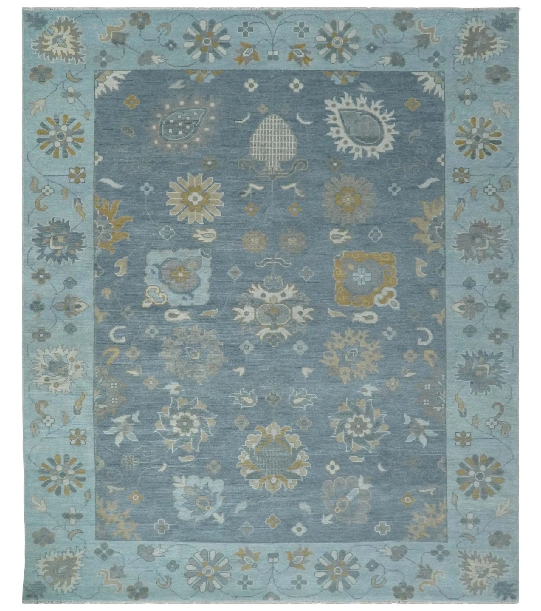 Custom Made Blue and Aqua Hand Knotted Traditional Oushak Wool Area Rug