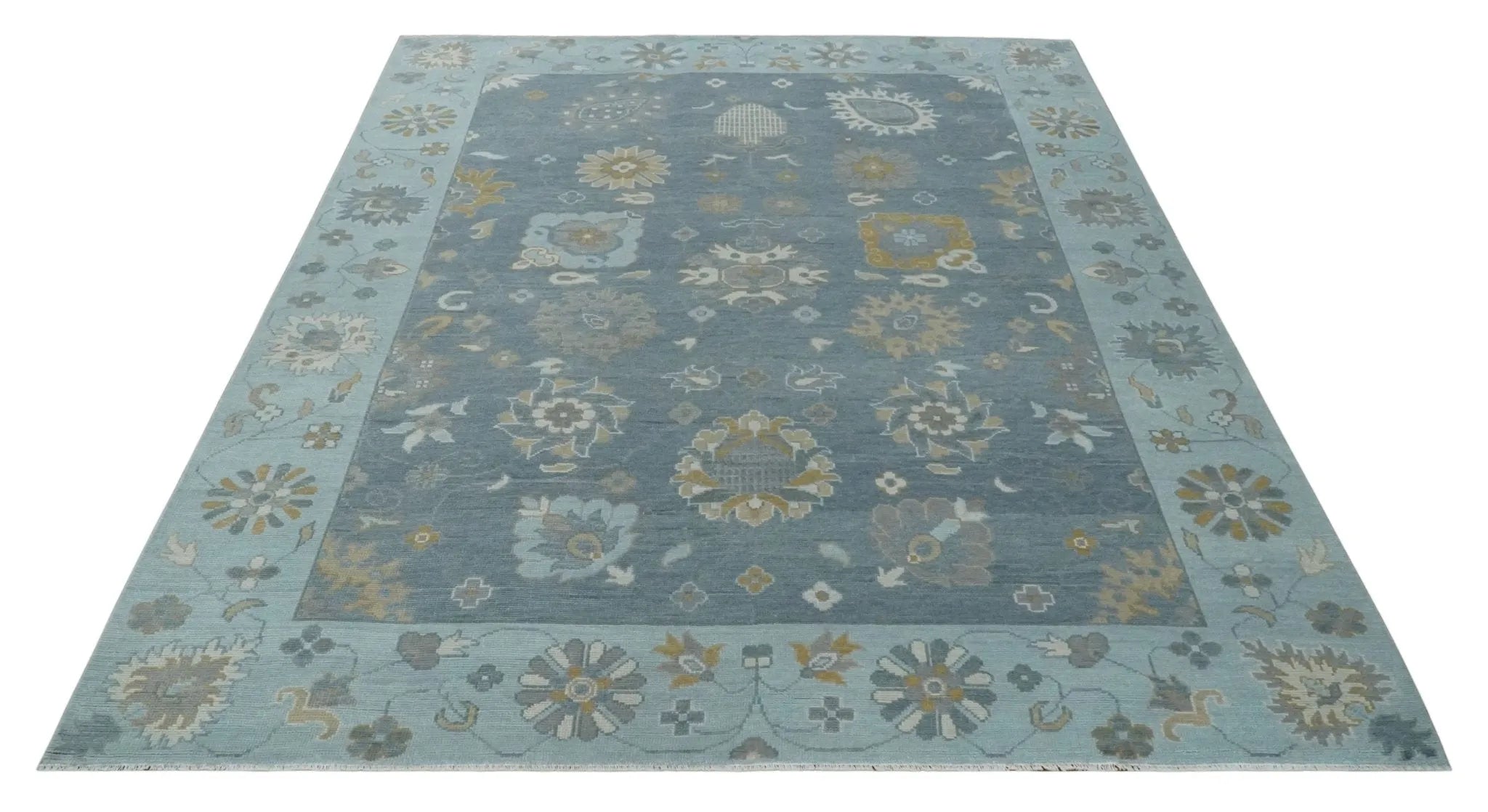 Custom Made Blue and Aqua Hand Knotted Traditional Oushak Wool Area Rug