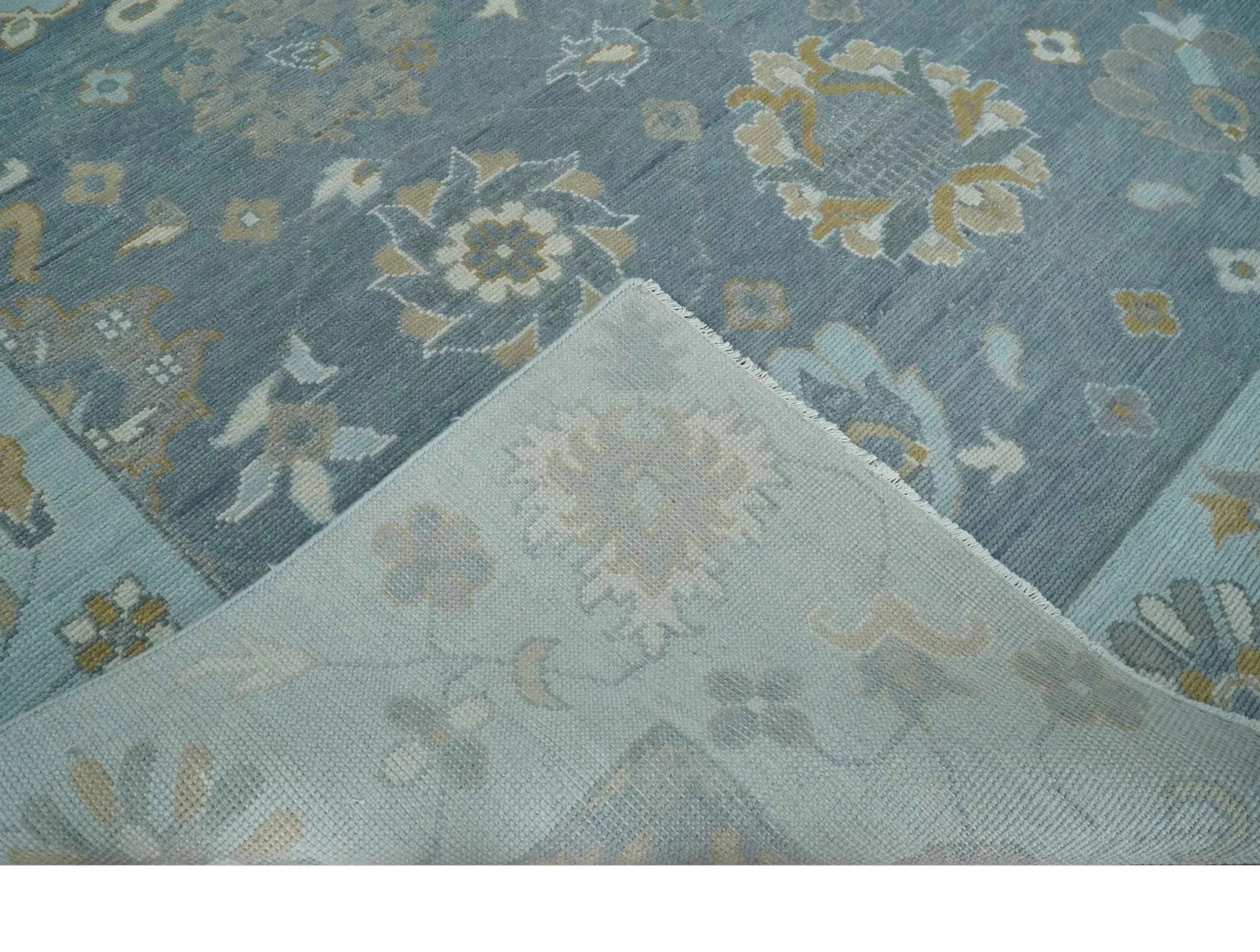 Custom Made Blue and Aqua Hand Knotted Traditional Oushak Wool Area Rug