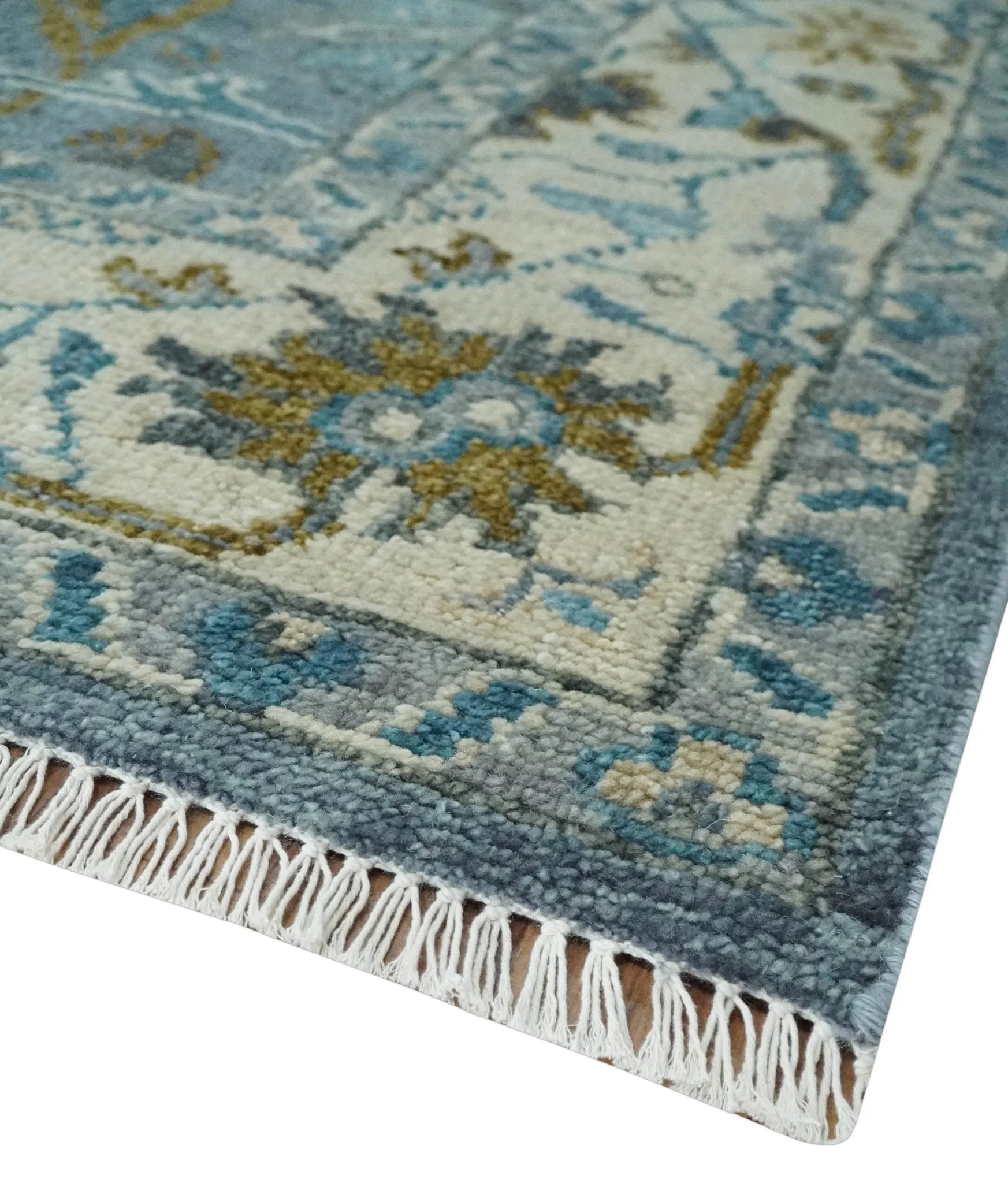 Custom Made Blue and Ivory Antique Style Hand knotted Oriental Oushak wool Area Rug