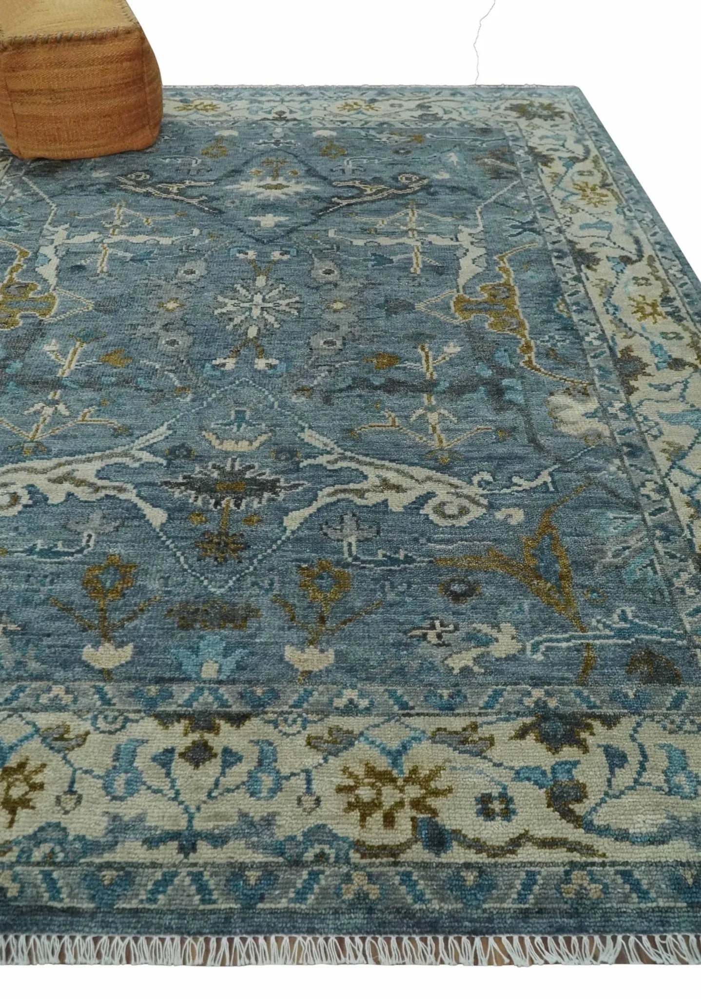 Custom Made Blue and Ivory Antique Style Hand knotted Oriental Oushak wool Area Rug