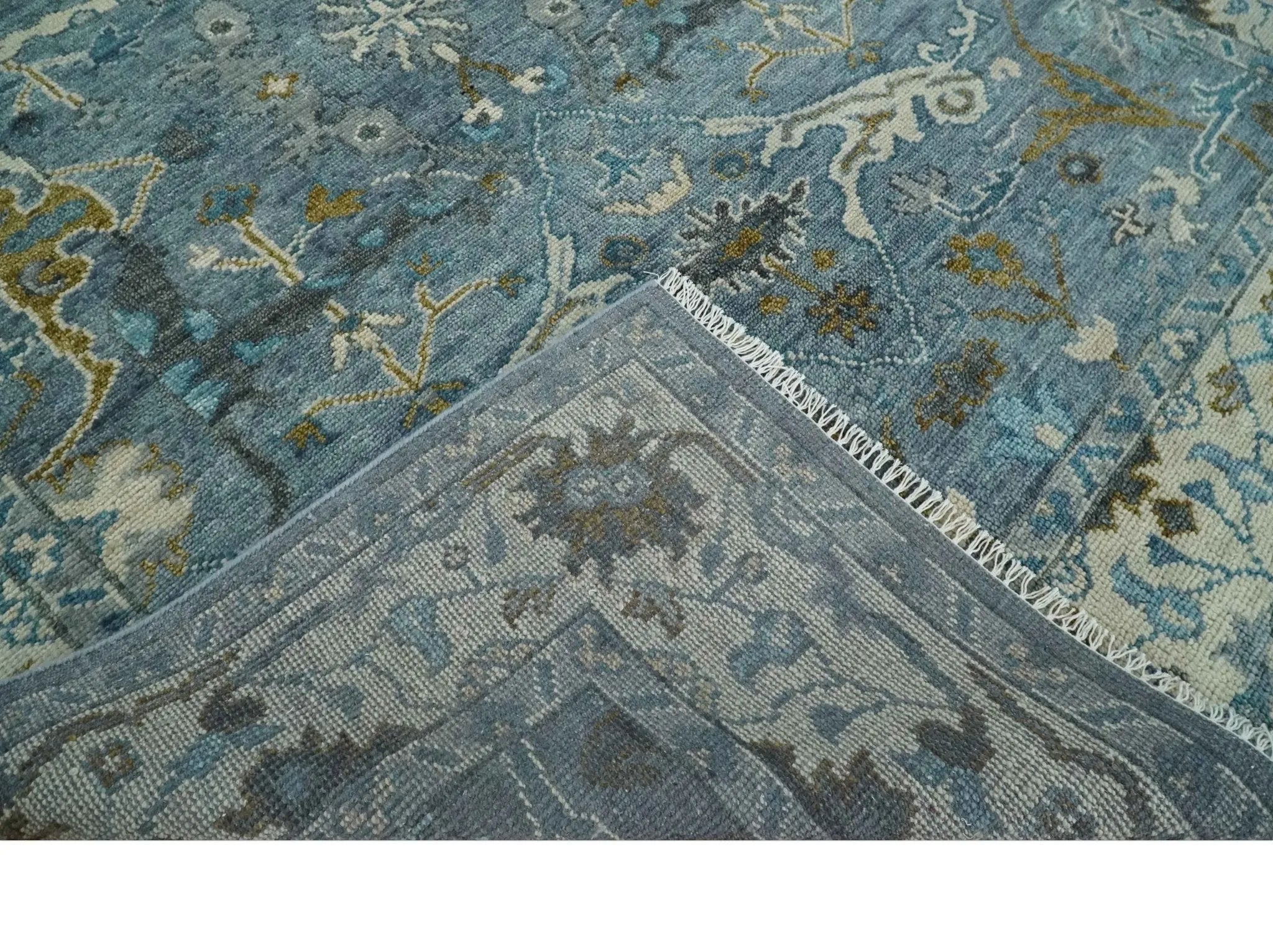 Custom Made Blue and Ivory Antique Style Hand knotted Oriental Oushak wool Area Rug