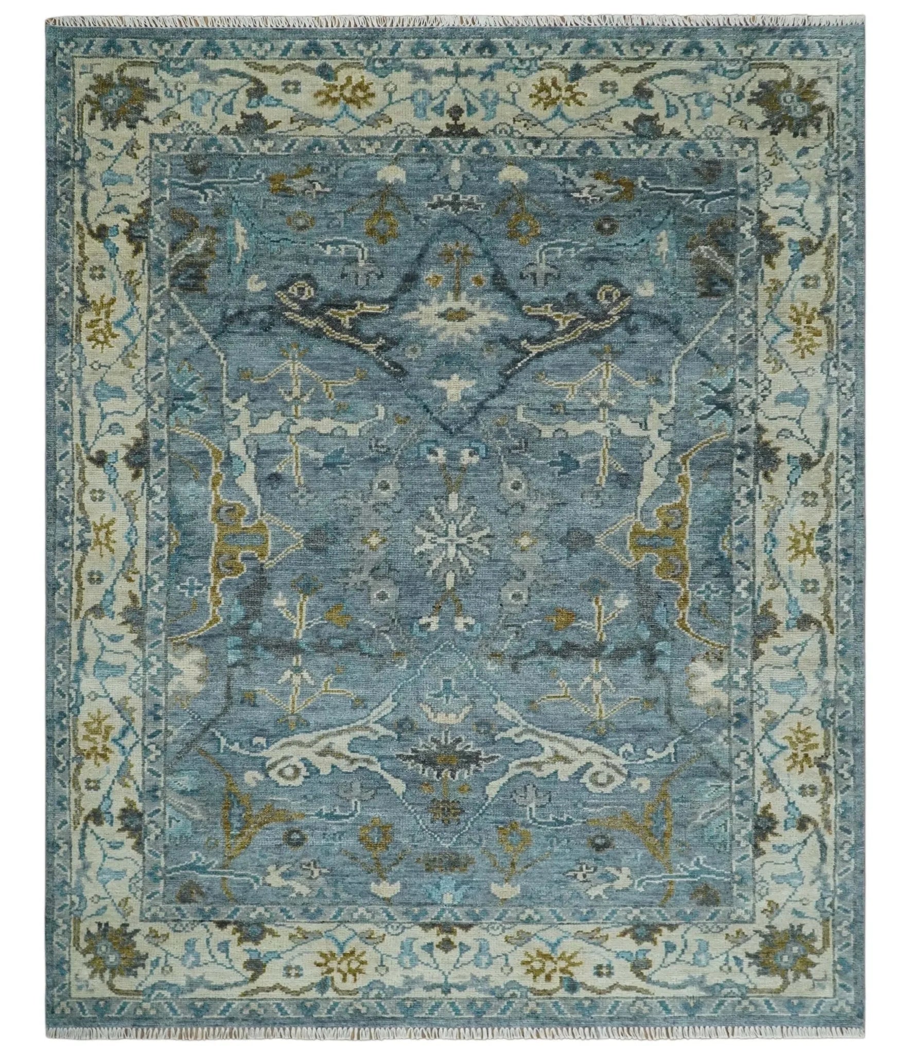 Custom Made Blue and Ivory Antique Style Hand knotted Oriental Oushak wool Area Rug