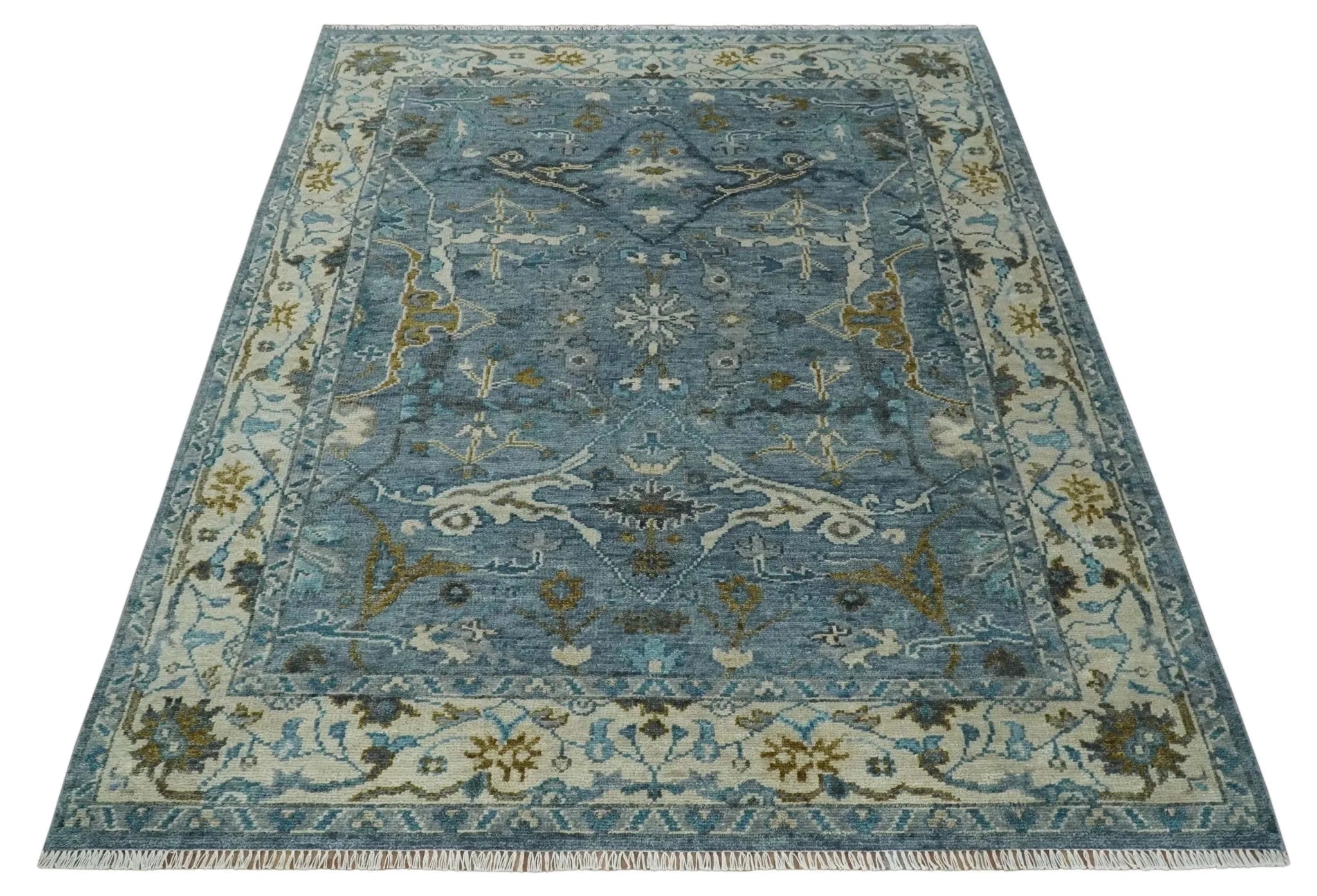 Custom Made Blue and Ivory Antique Style Hand knotted Oriental Oushak wool Area Rug