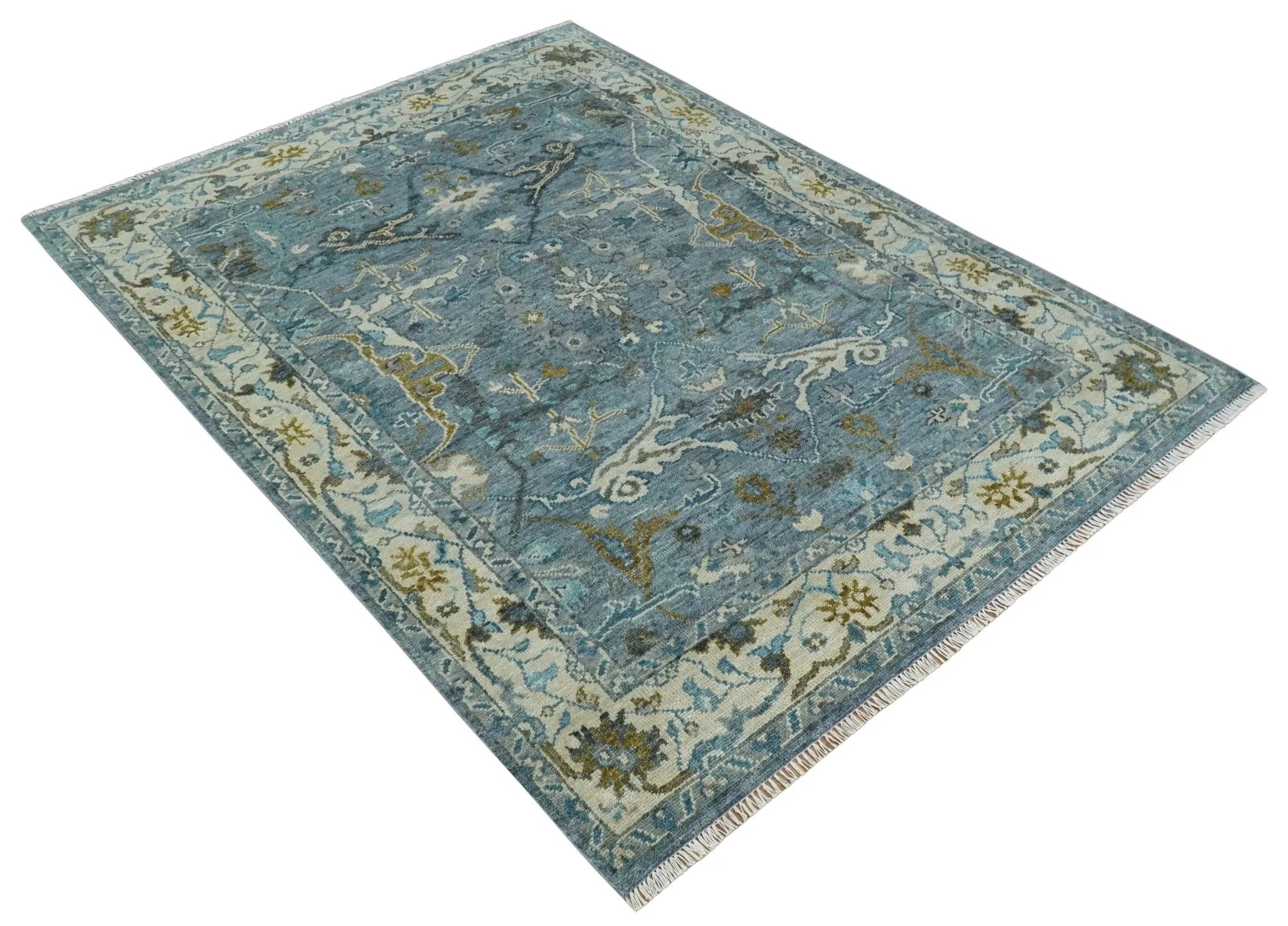 Custom Made Blue and Ivory Antique Style Hand knotted Oriental Oushak wool Area Rug