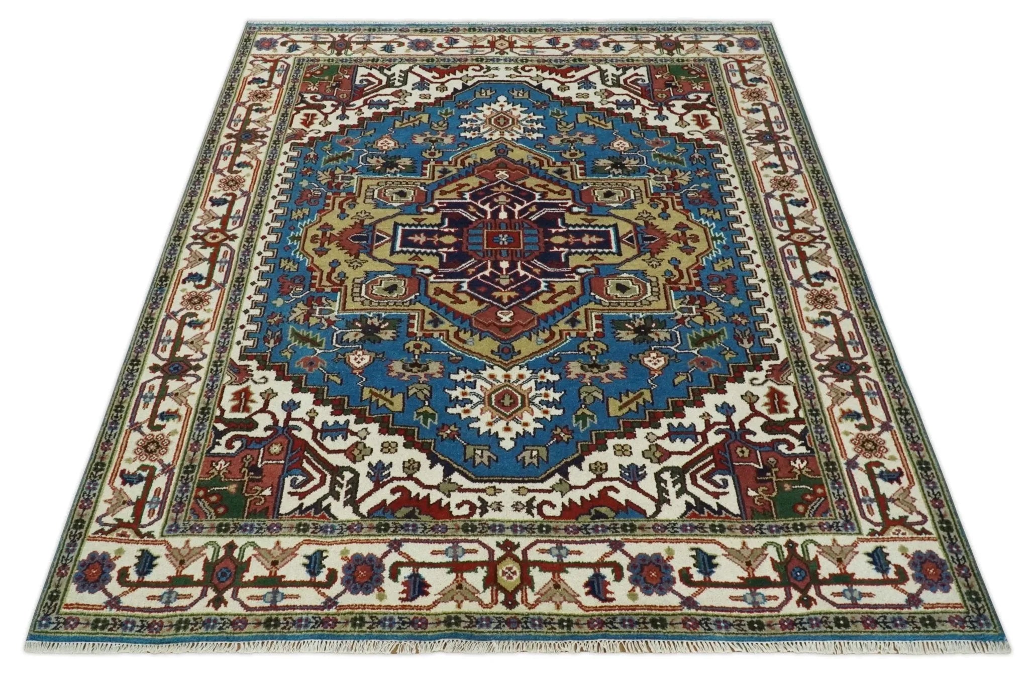 Custom Made Blue and Ivory Medallion Hand knotted Traditional wool Area Rug