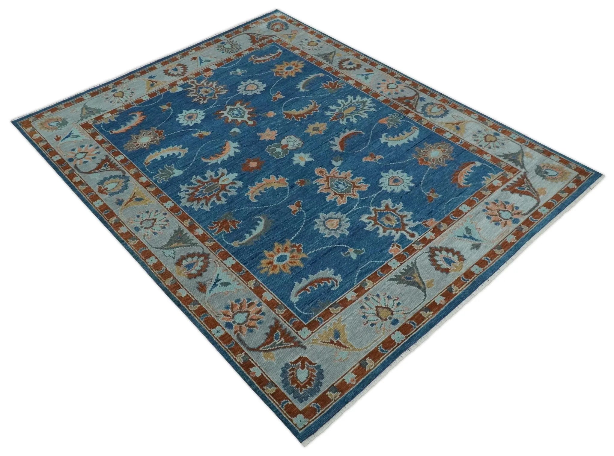 Custom Made Blue and Silver Hand knotted colorful Traditional Oushak wool Area Rug