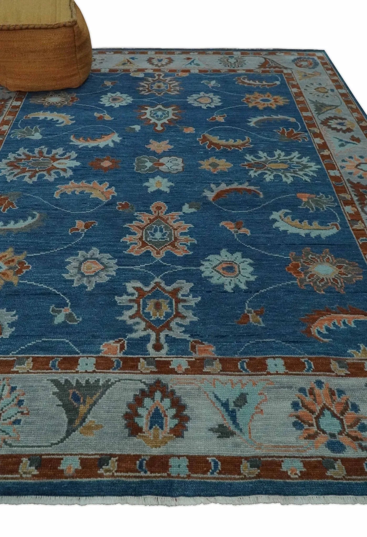 Custom Made Blue and Silver Hand knotted colorful Traditional Oushak wool Area Rug