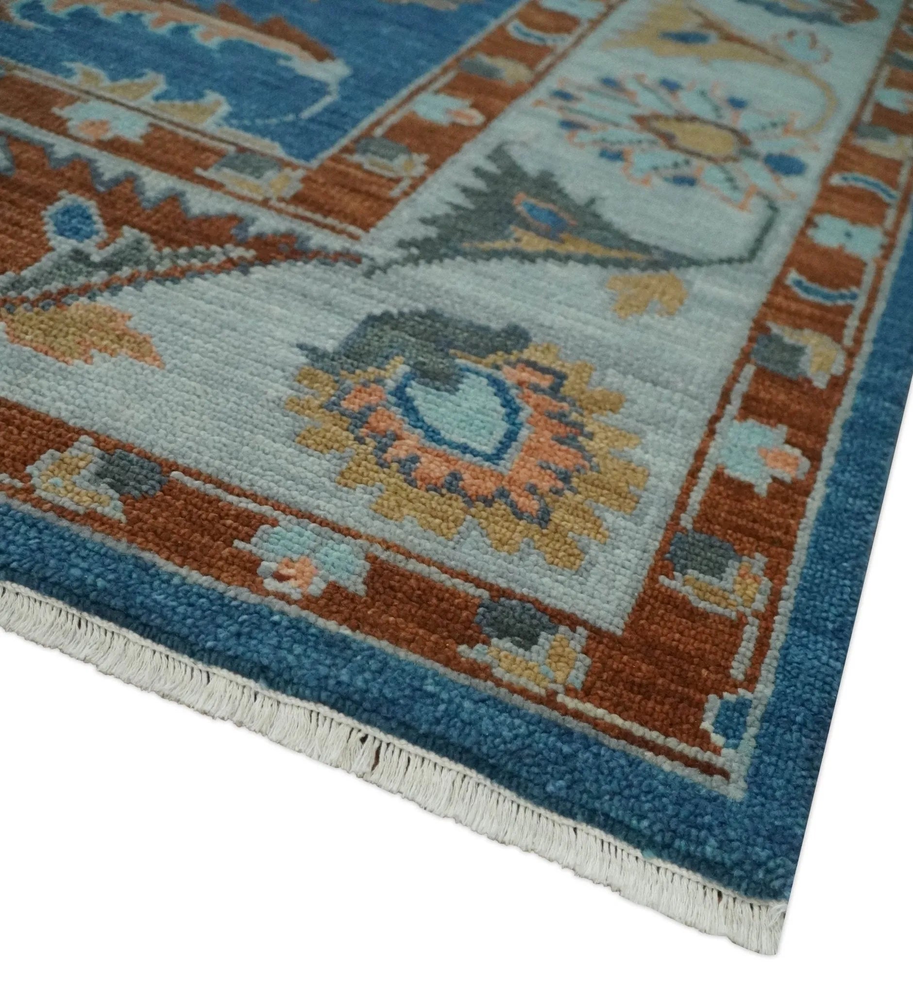 Custom Made Blue and Silver Hand knotted colorful Traditional Oushak wool Area Rug