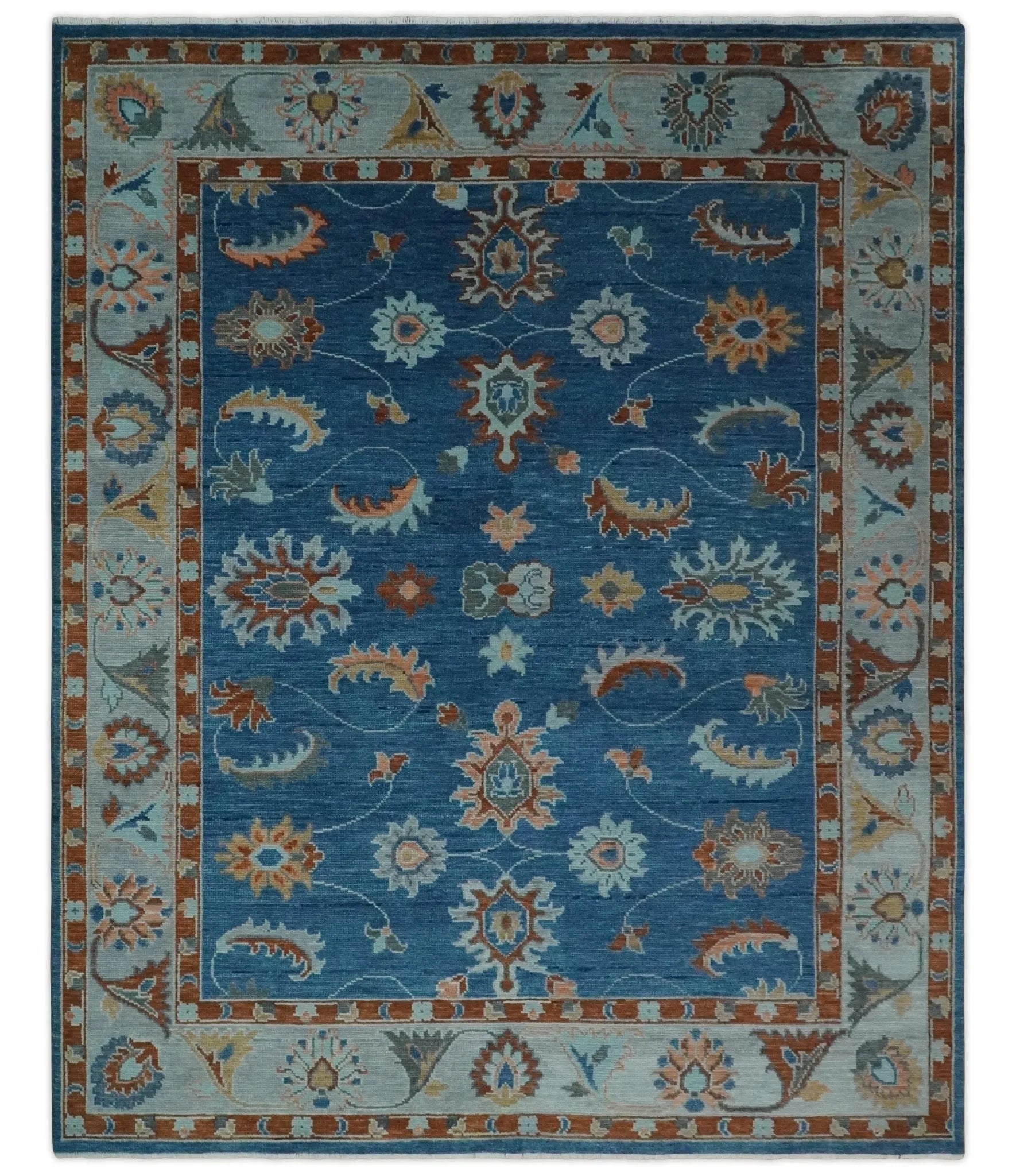 Custom Made Blue and Silver Hand knotted colorful Traditional Oushak wool Area Rug