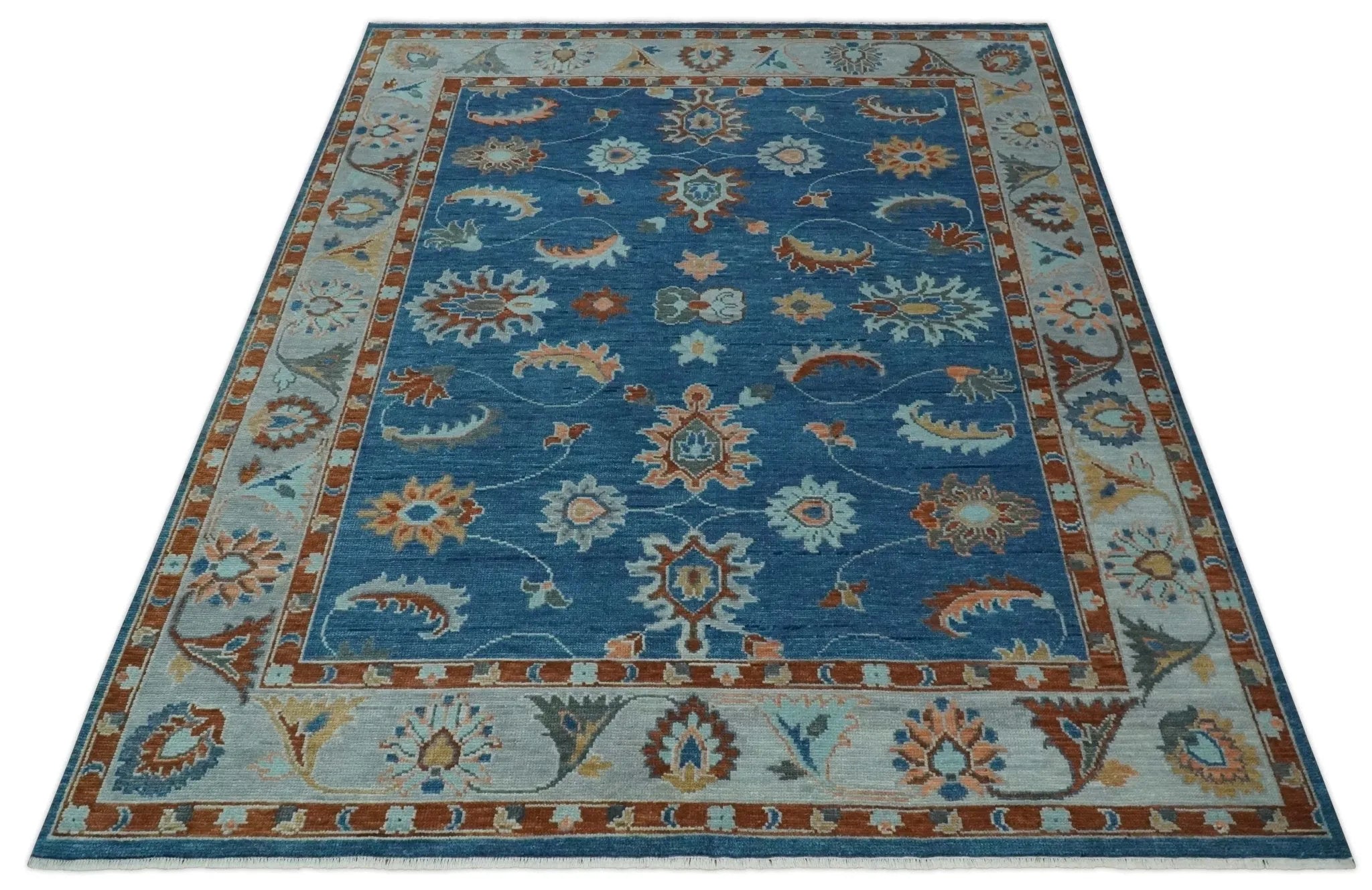 Custom Made Blue and Silver Hand knotted colorful Traditional Oushak wool Area Rug