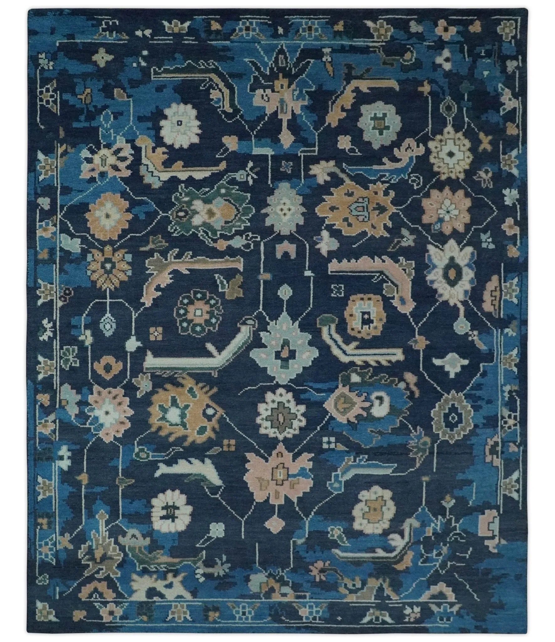 Custom Made Blue, Camel and Ivory Traditional Oriental Oushak wool Area Rug