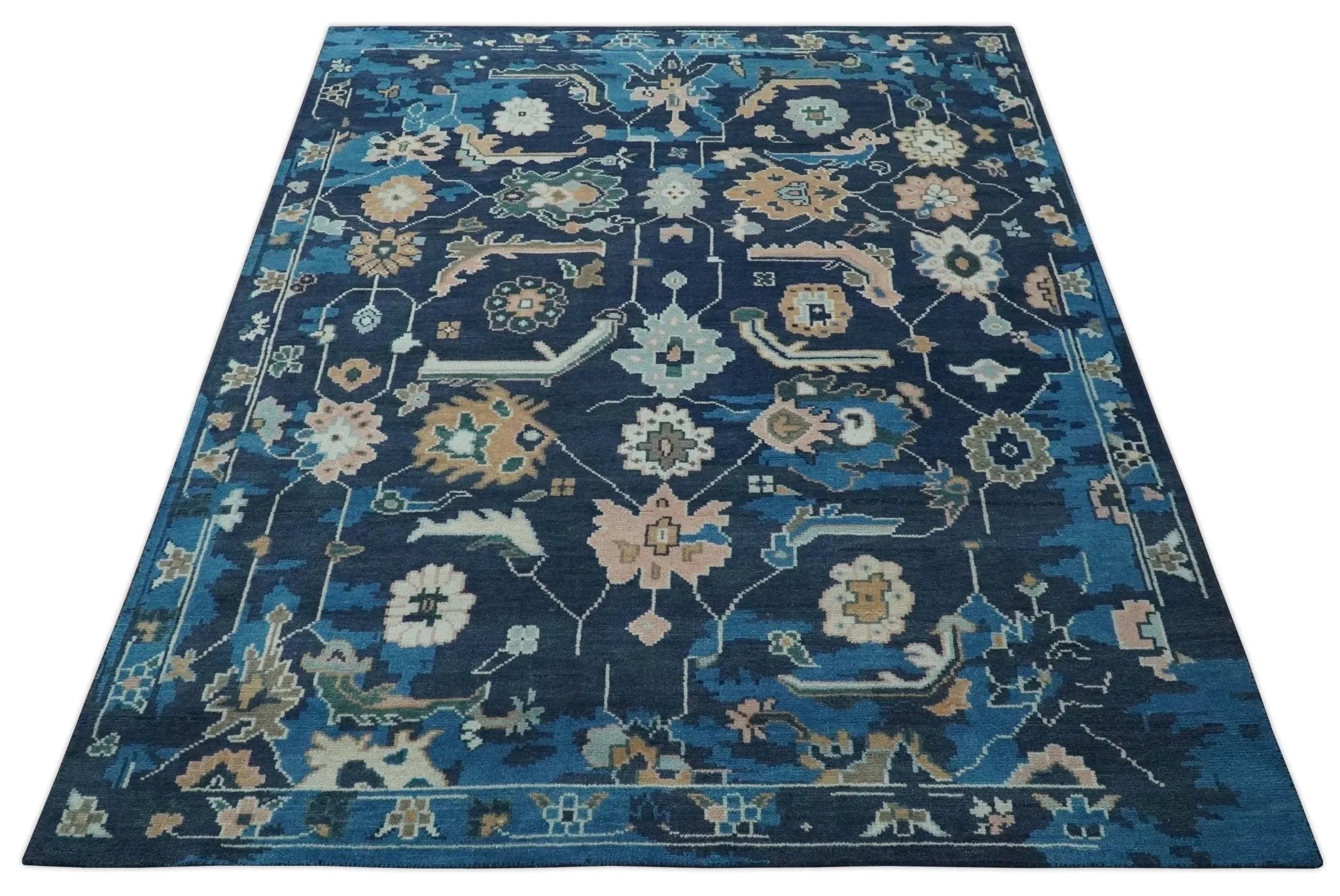 Custom Made Blue, Camel and Ivory Traditional Oriental Oushak wool Area Rug