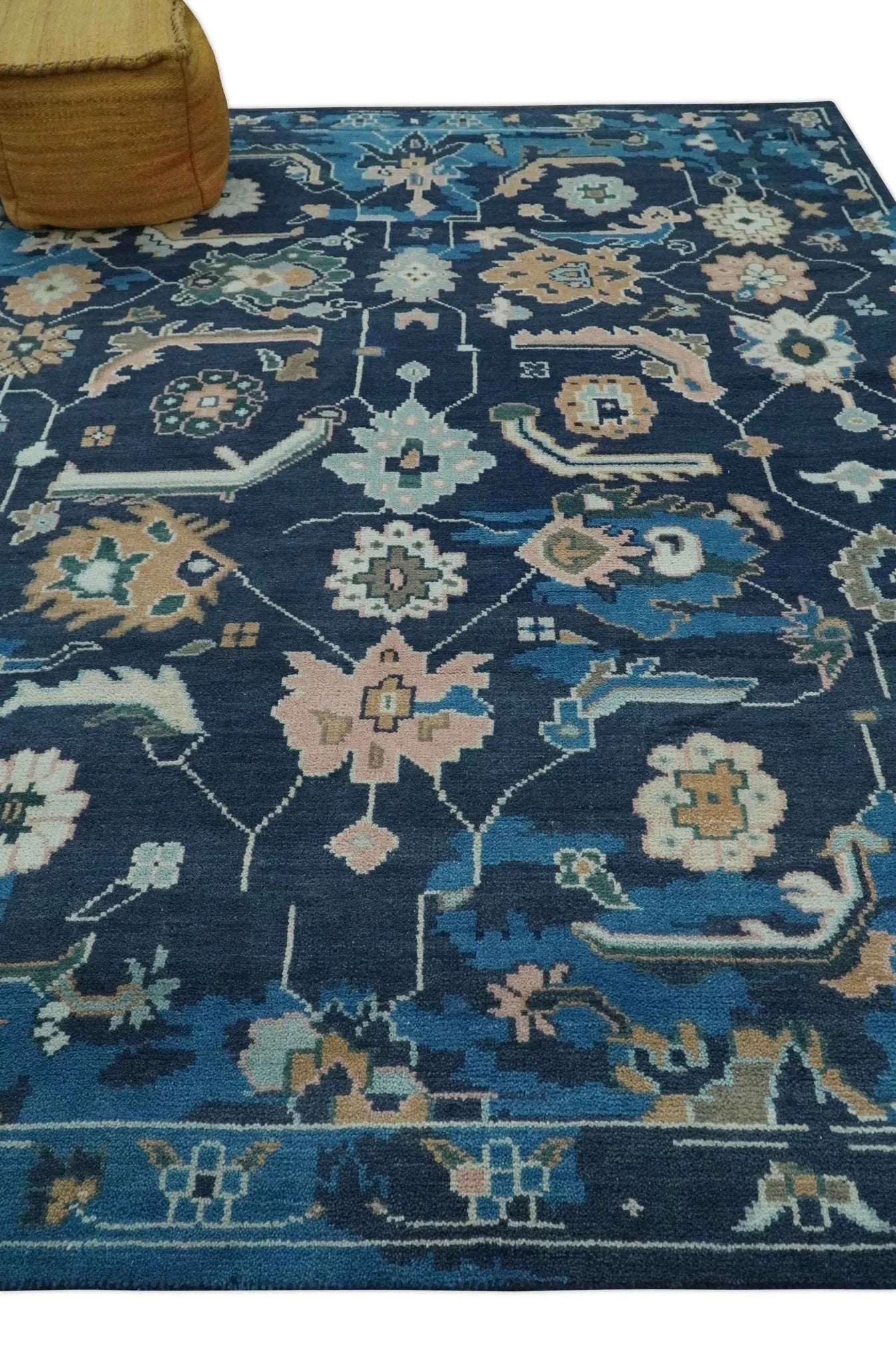 Custom Made Blue, Camel and Ivory Traditional Oriental Oushak wool Area Rug