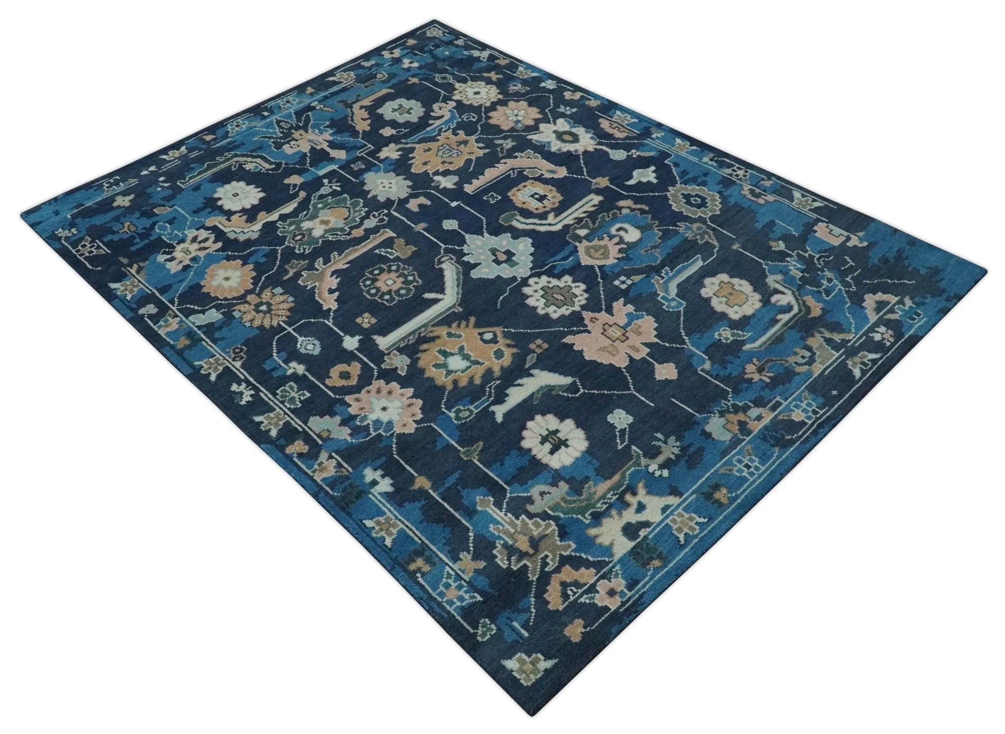 Custom Made Blue, Camel and Ivory Traditional Oriental Oushak wool Area Rug