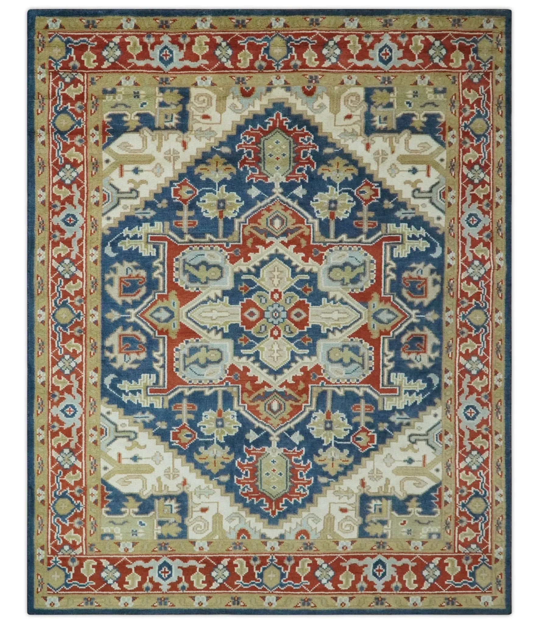 Custom Made Brown, Blue, Ivory and Olive Hand knotted Traditional Heriz Medallion Wool Area Rug