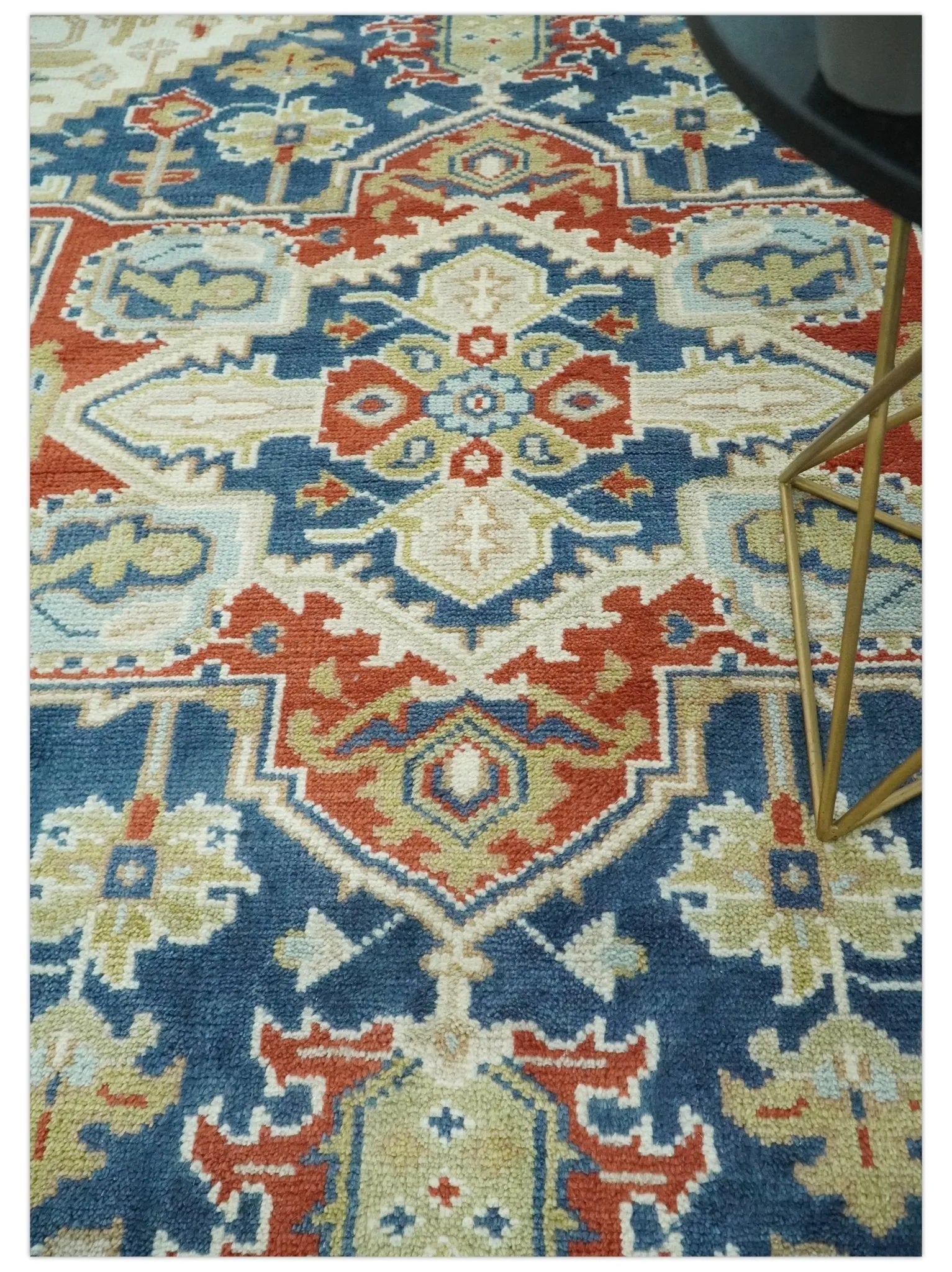 Custom Made Brown, Blue, Ivory and Olive Hand knotted Traditional Heriz Medallion Wool Area Rug