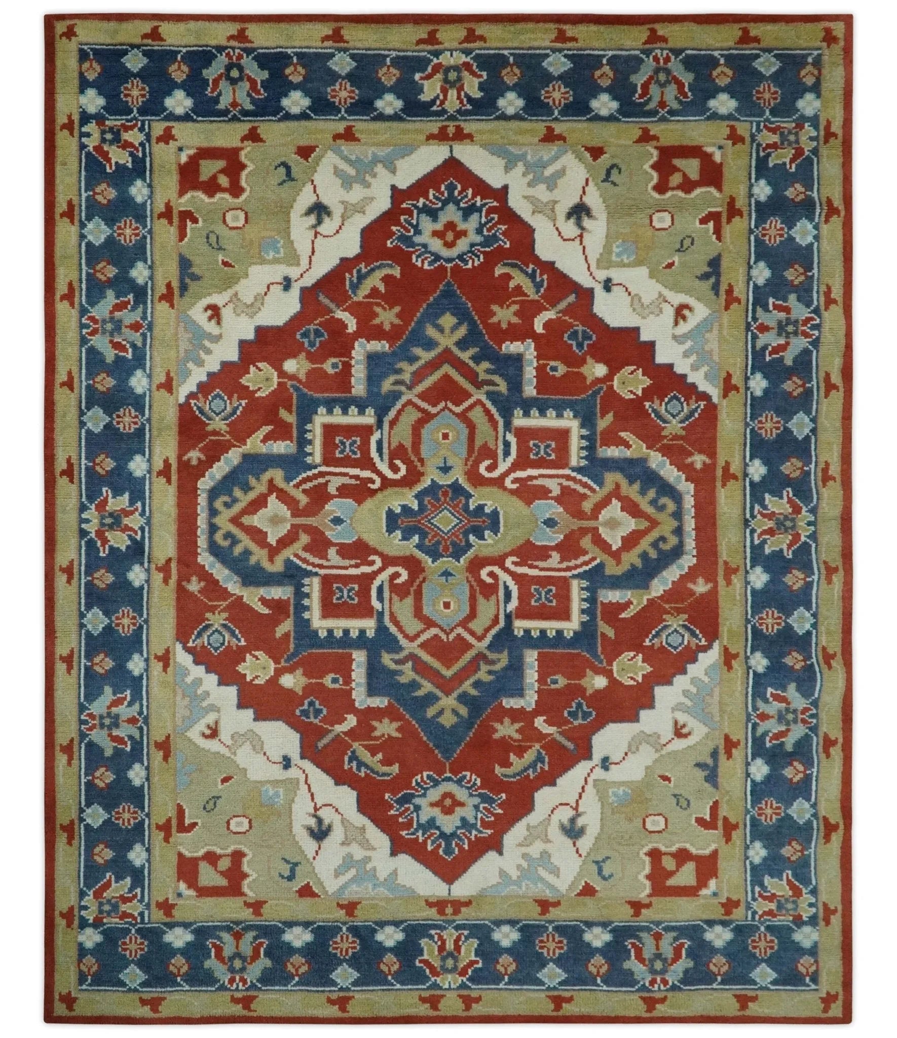 Custom Made Brown, Blue, Ivory and Olive Traditional Heriz Medallion Wool Area Rug