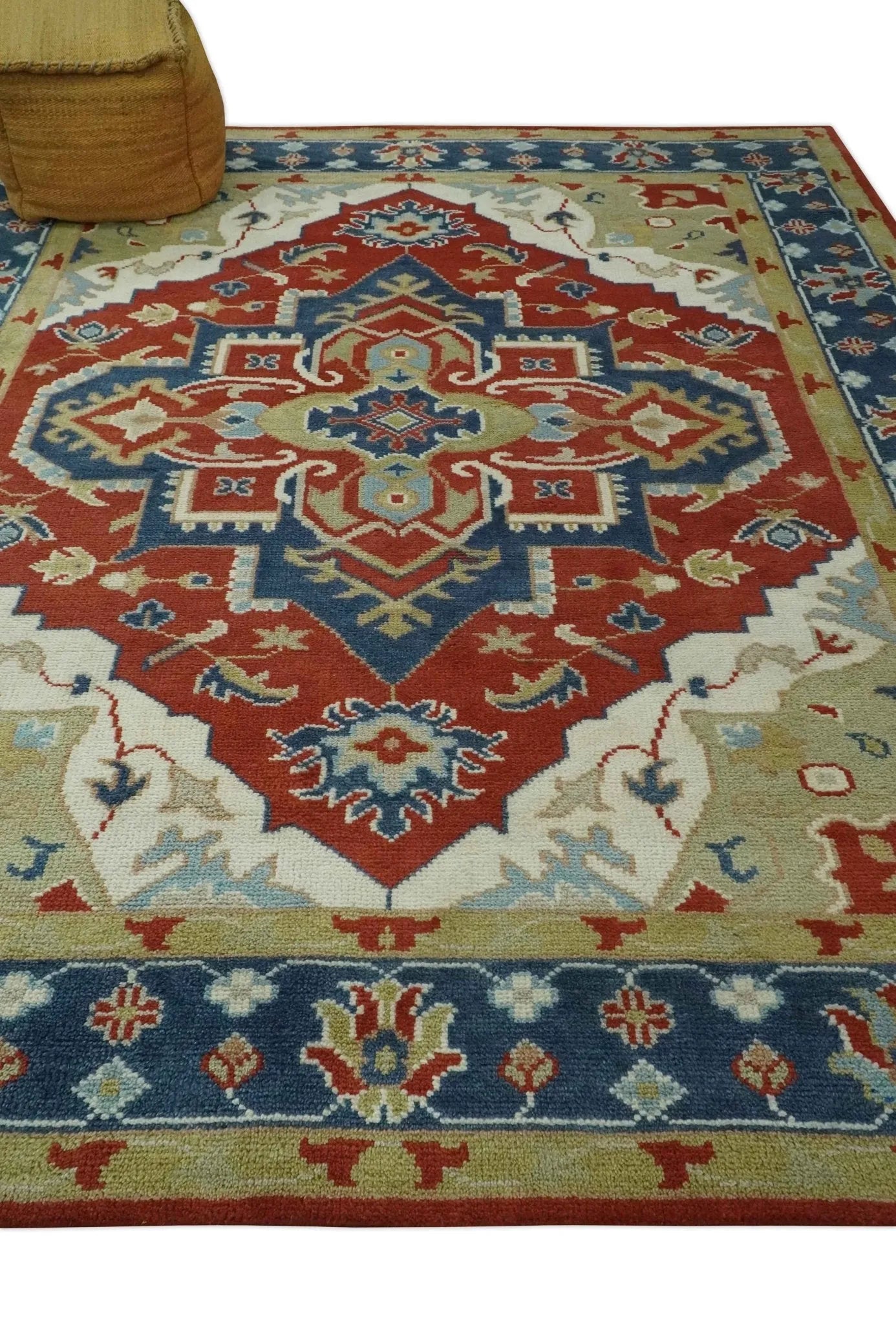 Custom Made Brown, Blue, Ivory and Olive Traditional Heriz Medallion Wool Area Rug