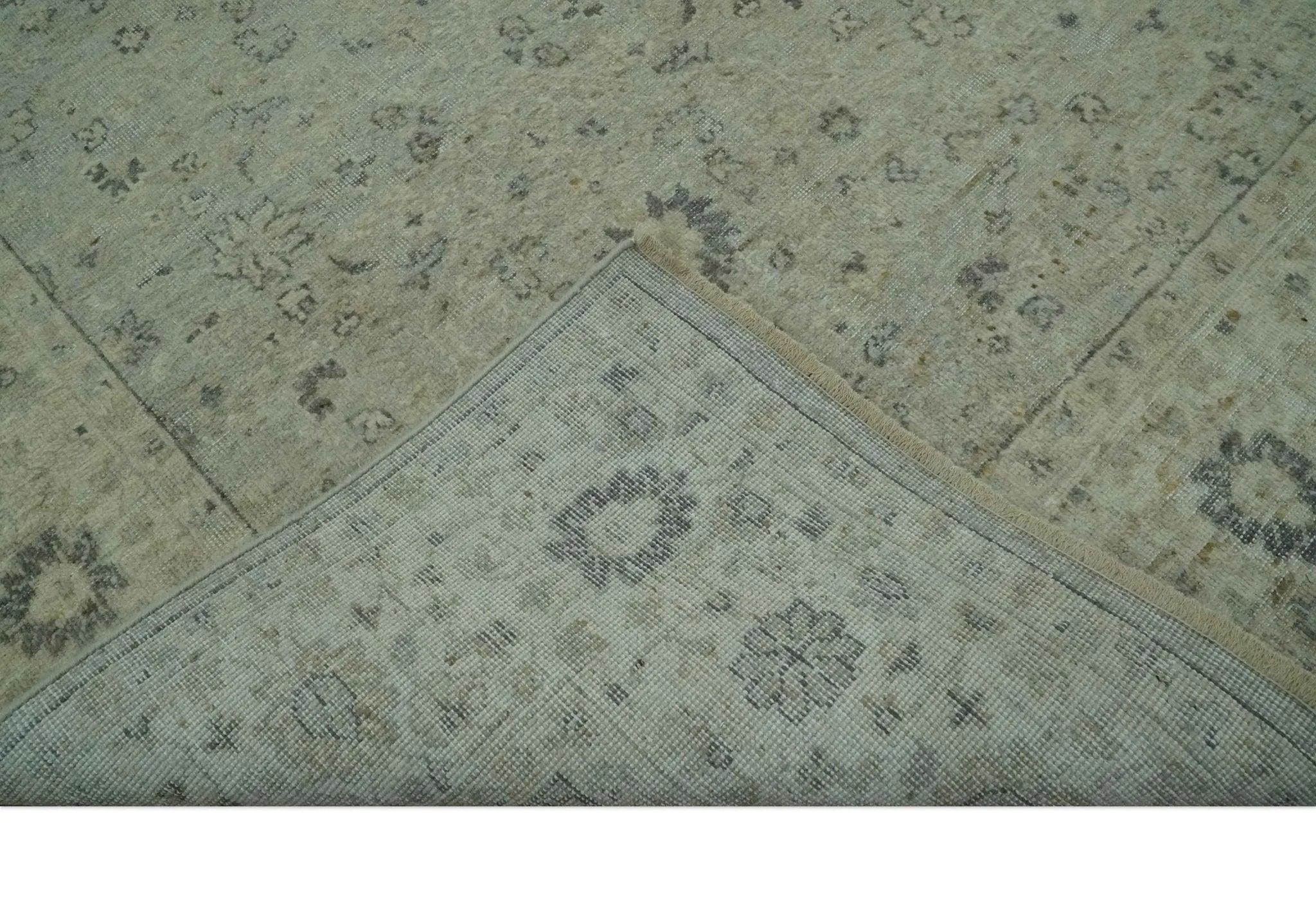 Custom Made Distress Finished Beige, Silver and Charcoal Traditional Wool Rug