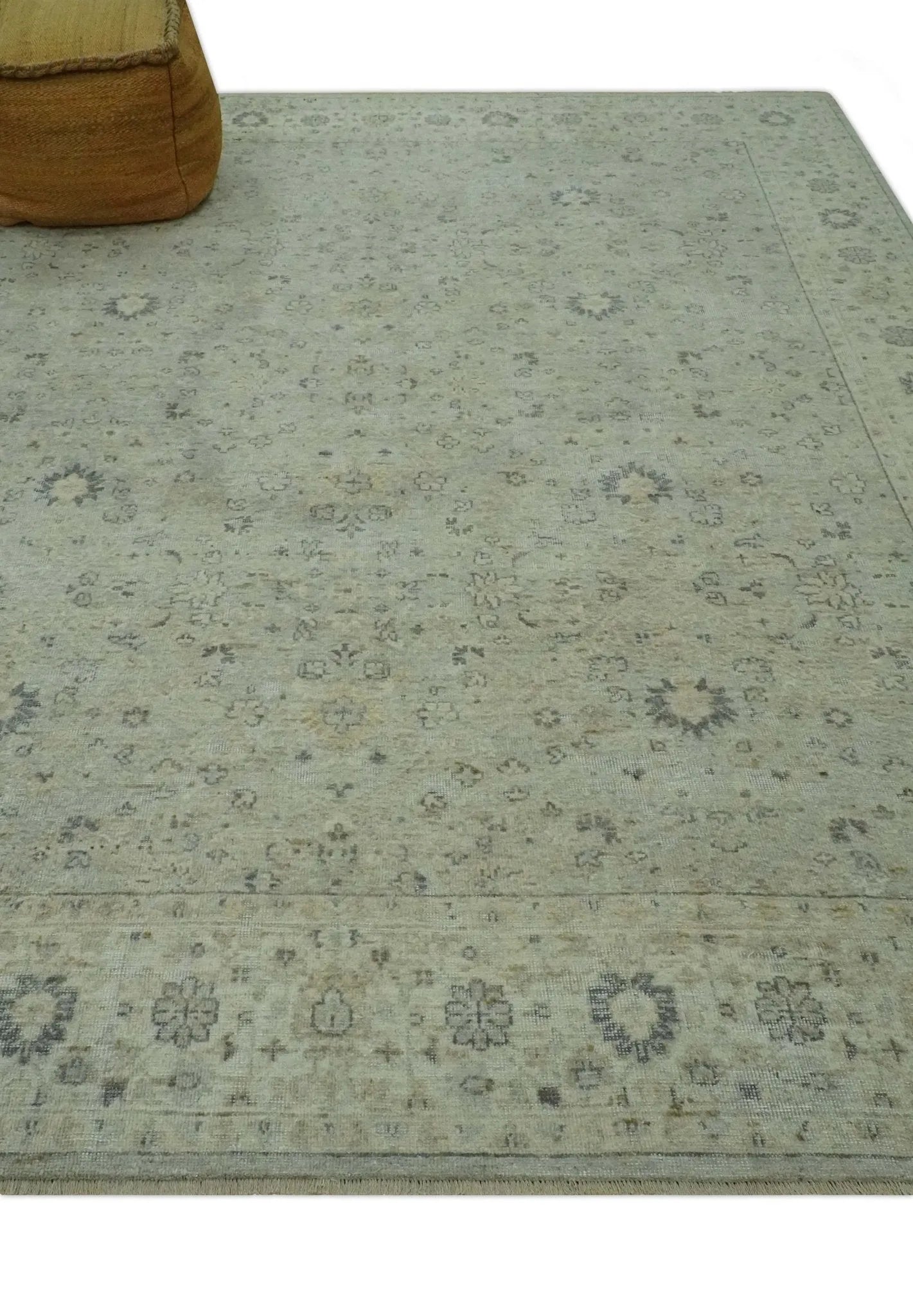 Custom Made Distress Finished Beige, Silver and Charcoal Traditional Wool Rug