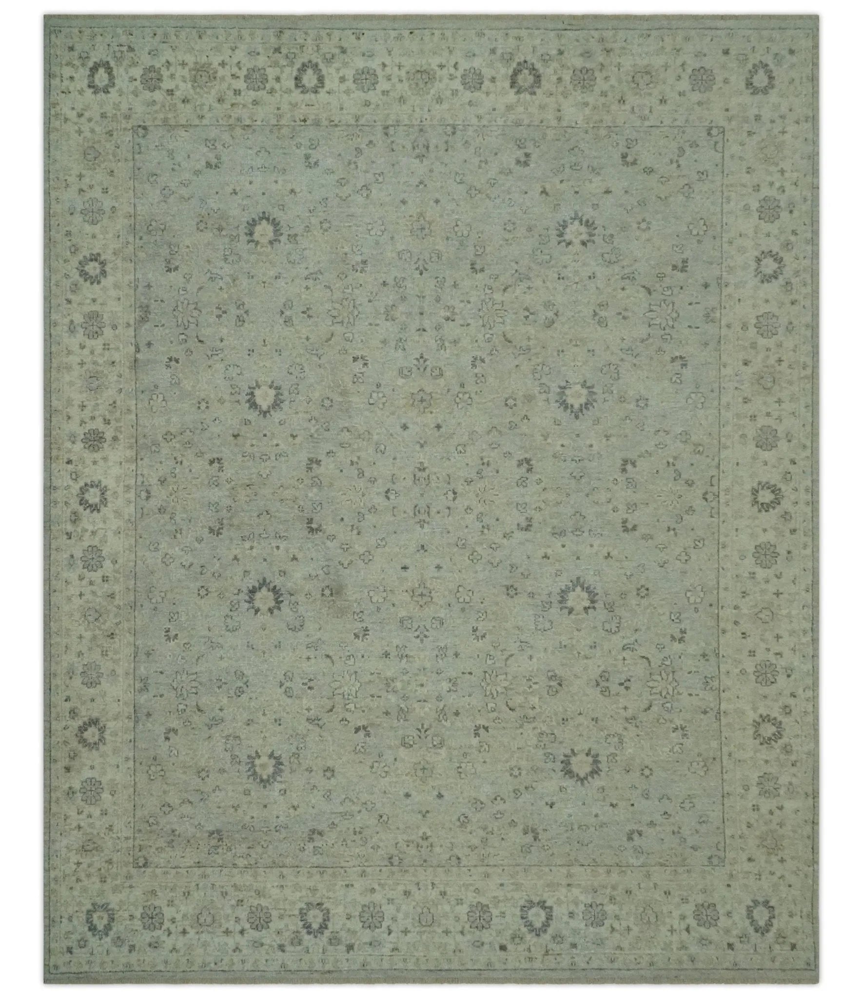 Custom Made Distress Finished Beige, Silver and Charcoal Traditional Wool Rug