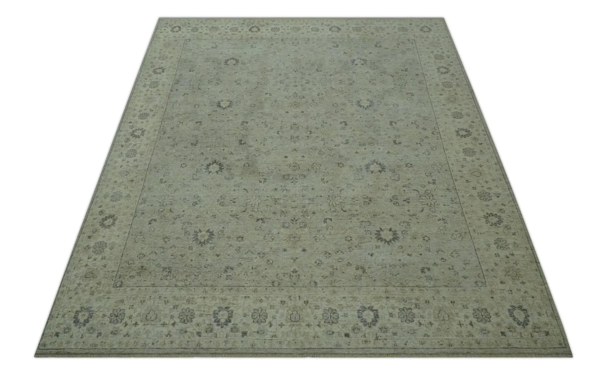 Custom Made Distress Finished Beige, Silver and Charcoal Traditional Wool Rug