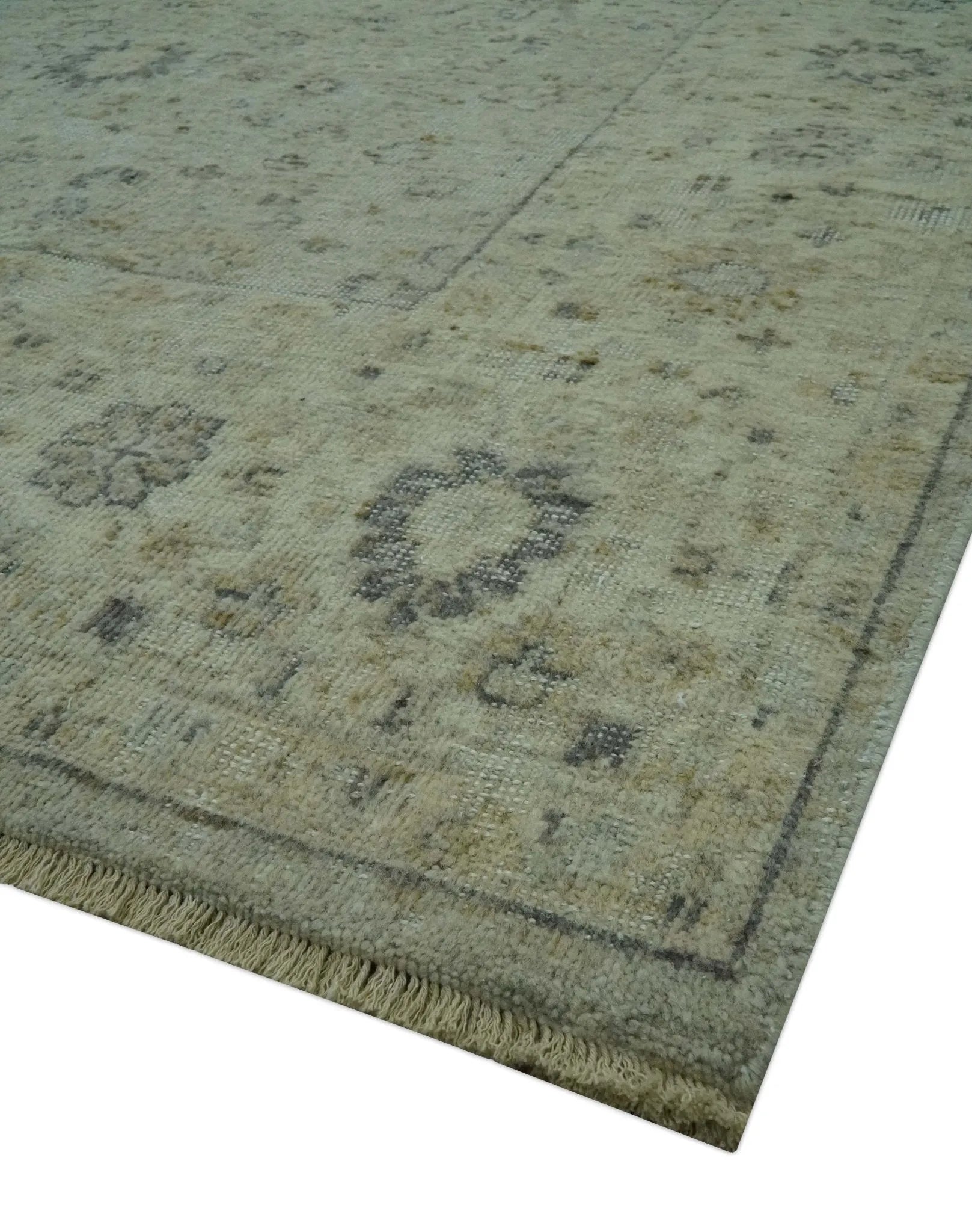 Custom Made Distress Finished Beige, Silver and Charcoal Traditional Wool Rug