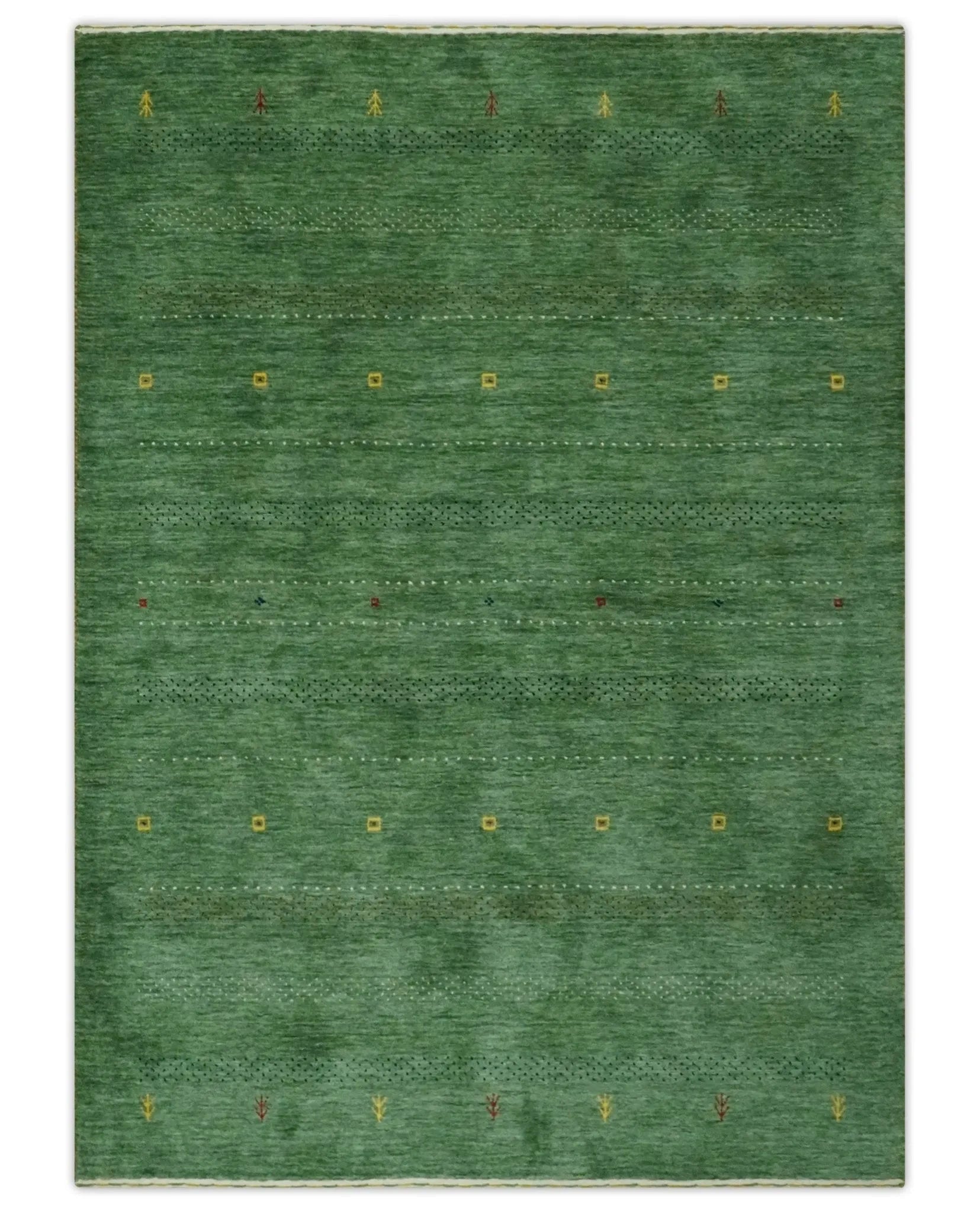 Custom Made Geometrical Stripes Design Green, Ivory and Charcoal wool Area Rug