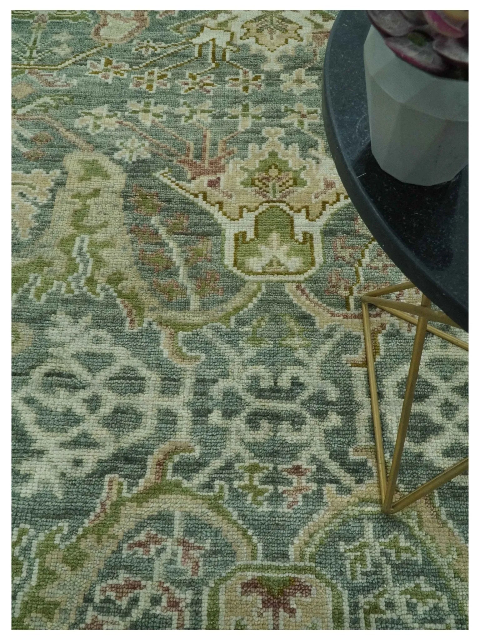 Custom Made Gray, Silver and Green Hand Knotted Traditional Large Design wool area rug