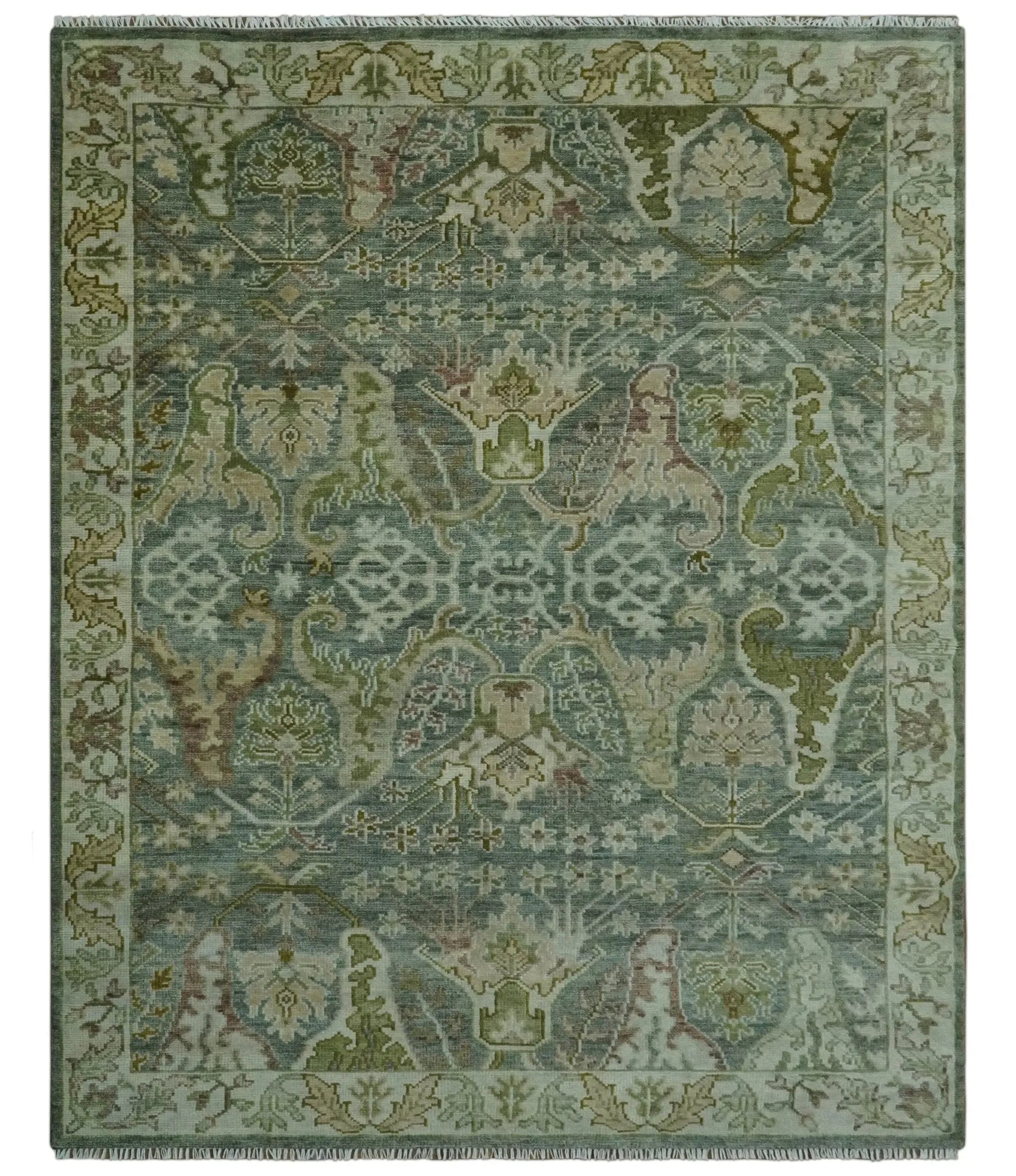 Custom Made Gray, Silver and Green Hand Knotted Traditional Large Design wool area rug