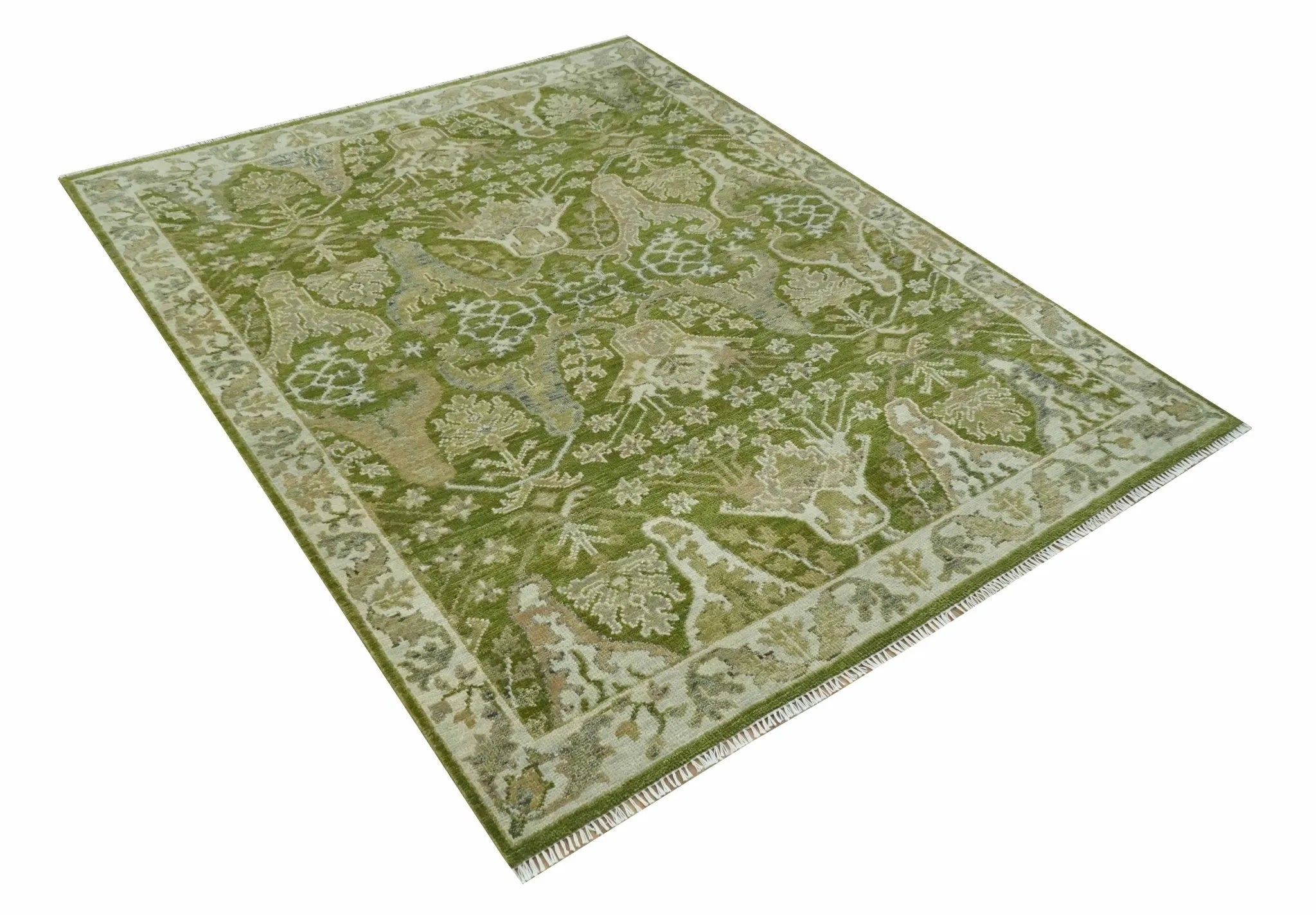 Custom Made Green and Ivory Traditional Dragon Oushak Design Hand knotted wool rug