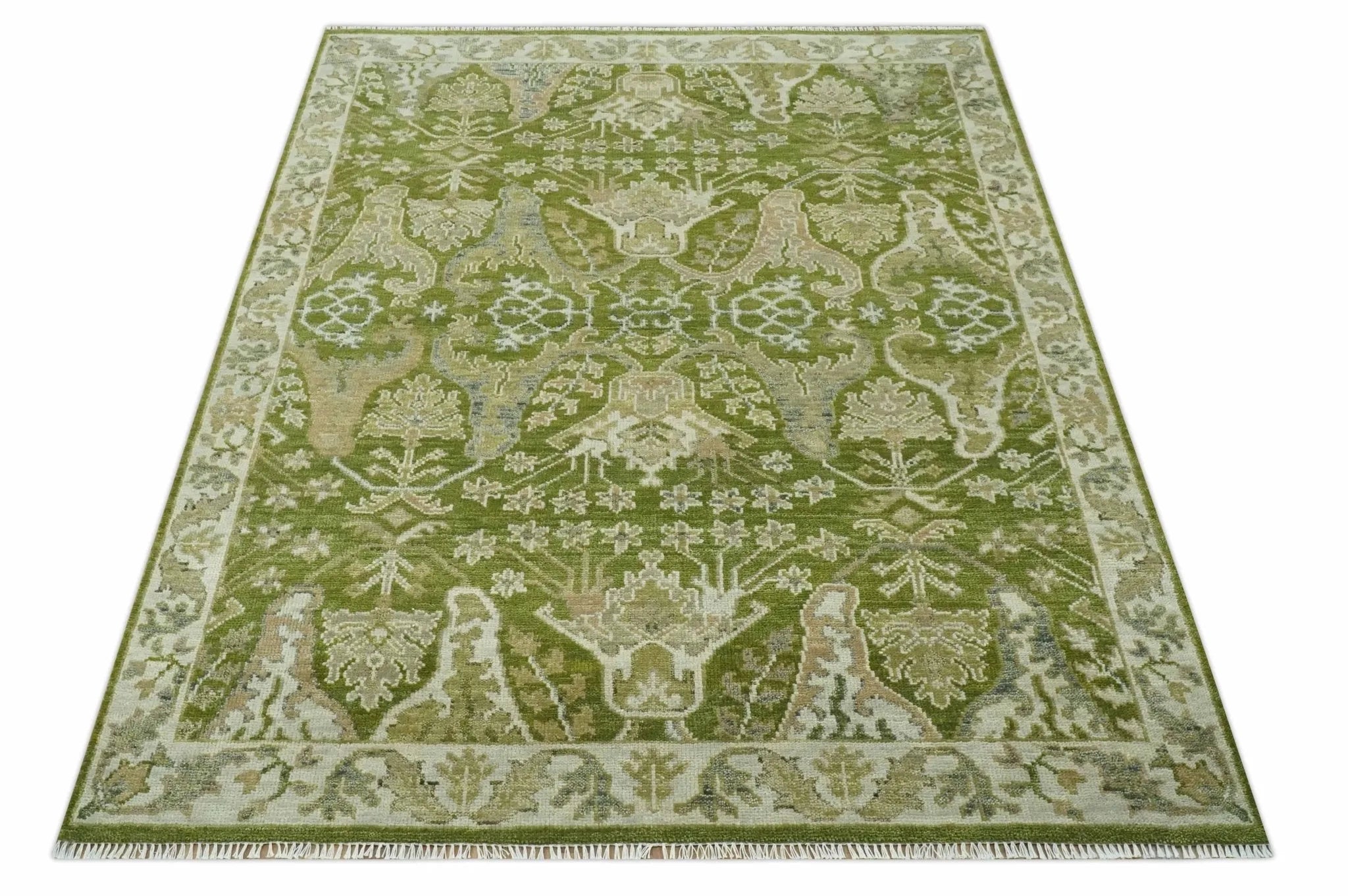 Custom Made Green and Ivory Traditional Dragon Oushak Design Hand knotted wool rug