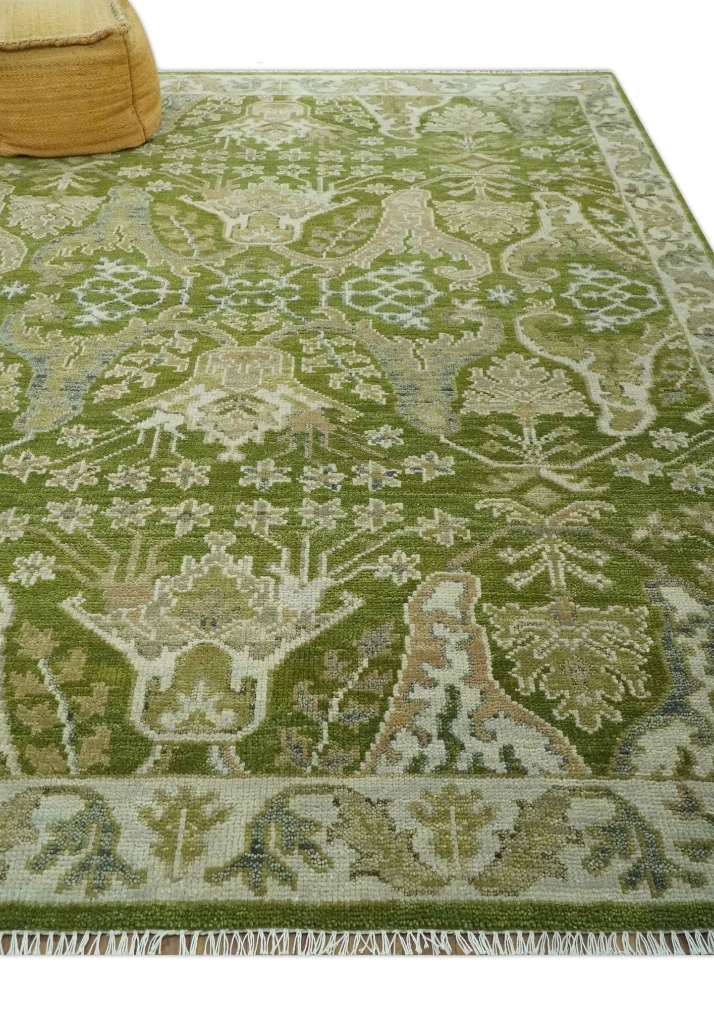 Custom Made Green and Ivory Traditional Dragon Oushak Design Hand knotted wool rug