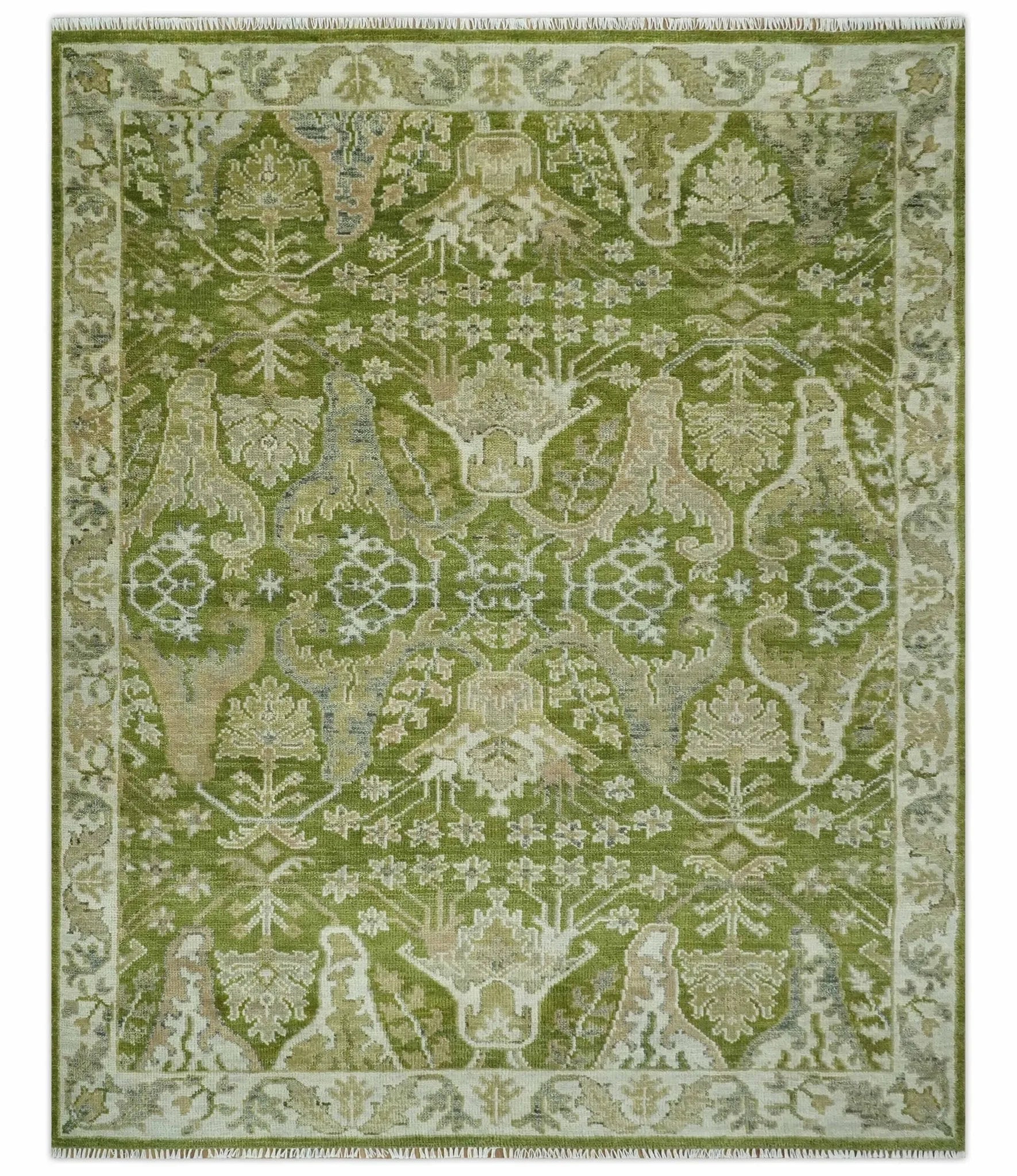 Custom Made Green and Ivory Traditional Dragon Oushak Design Hand knotted wool rug