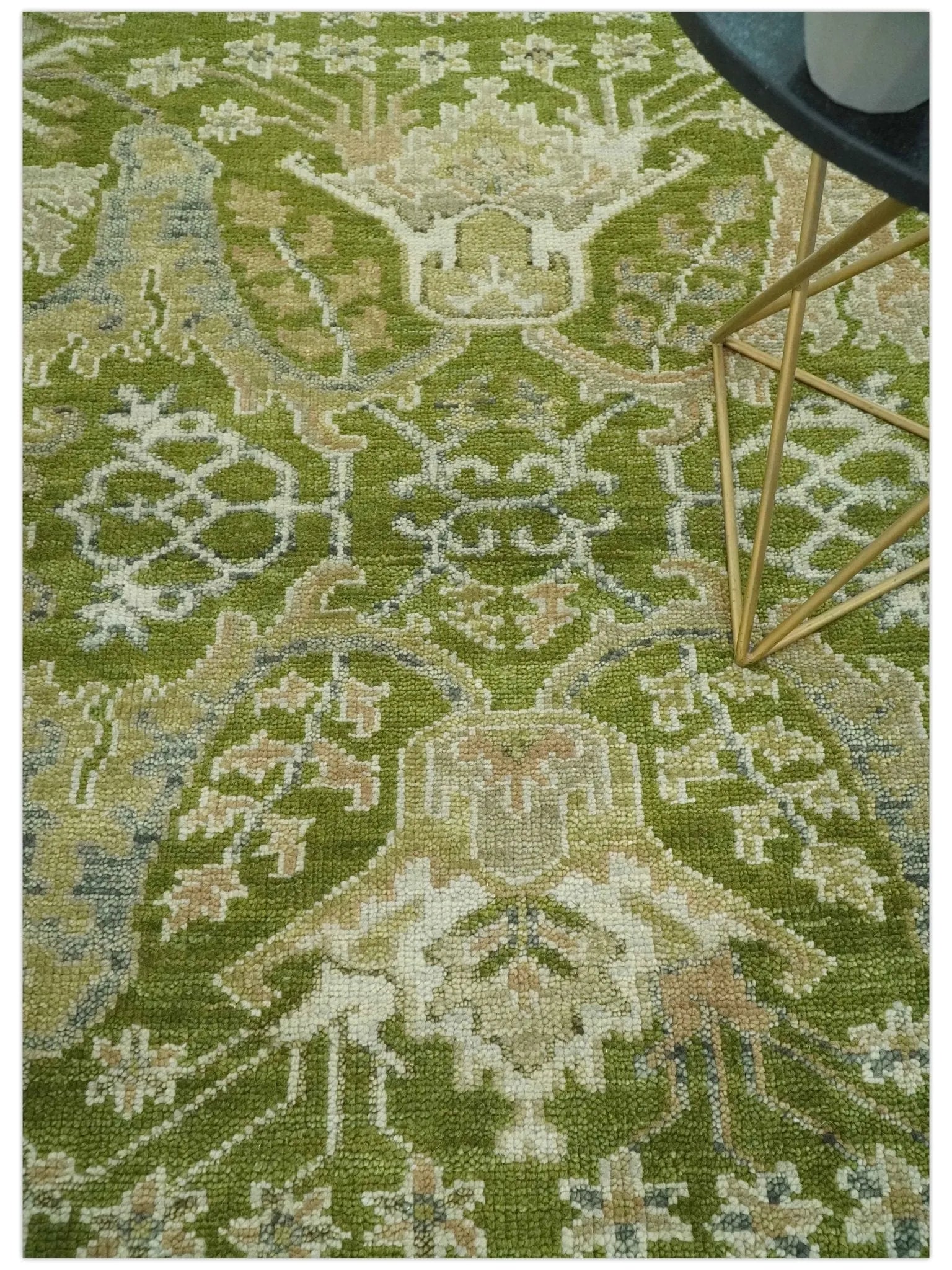 Custom Made Green and Ivory Traditional Dragon Oushak Design Hand knotted wool rug