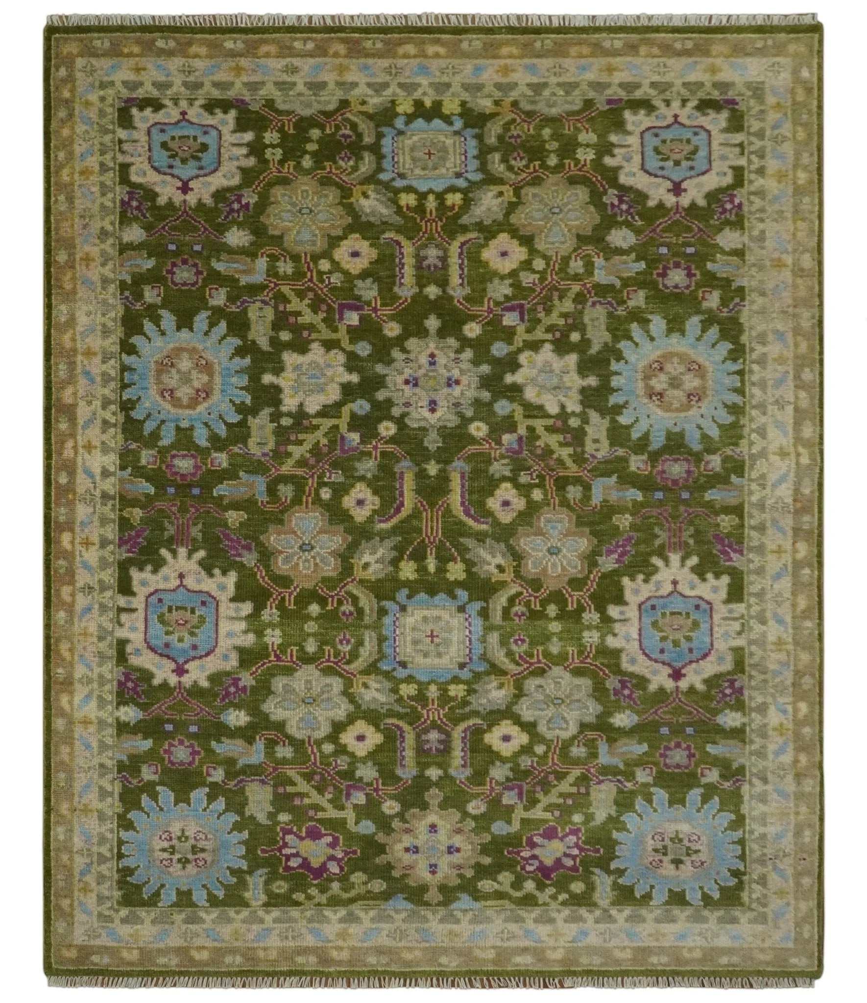 Custom Made Green, Beige and Purple Hand Knotted Traditional Oushak wool area rug