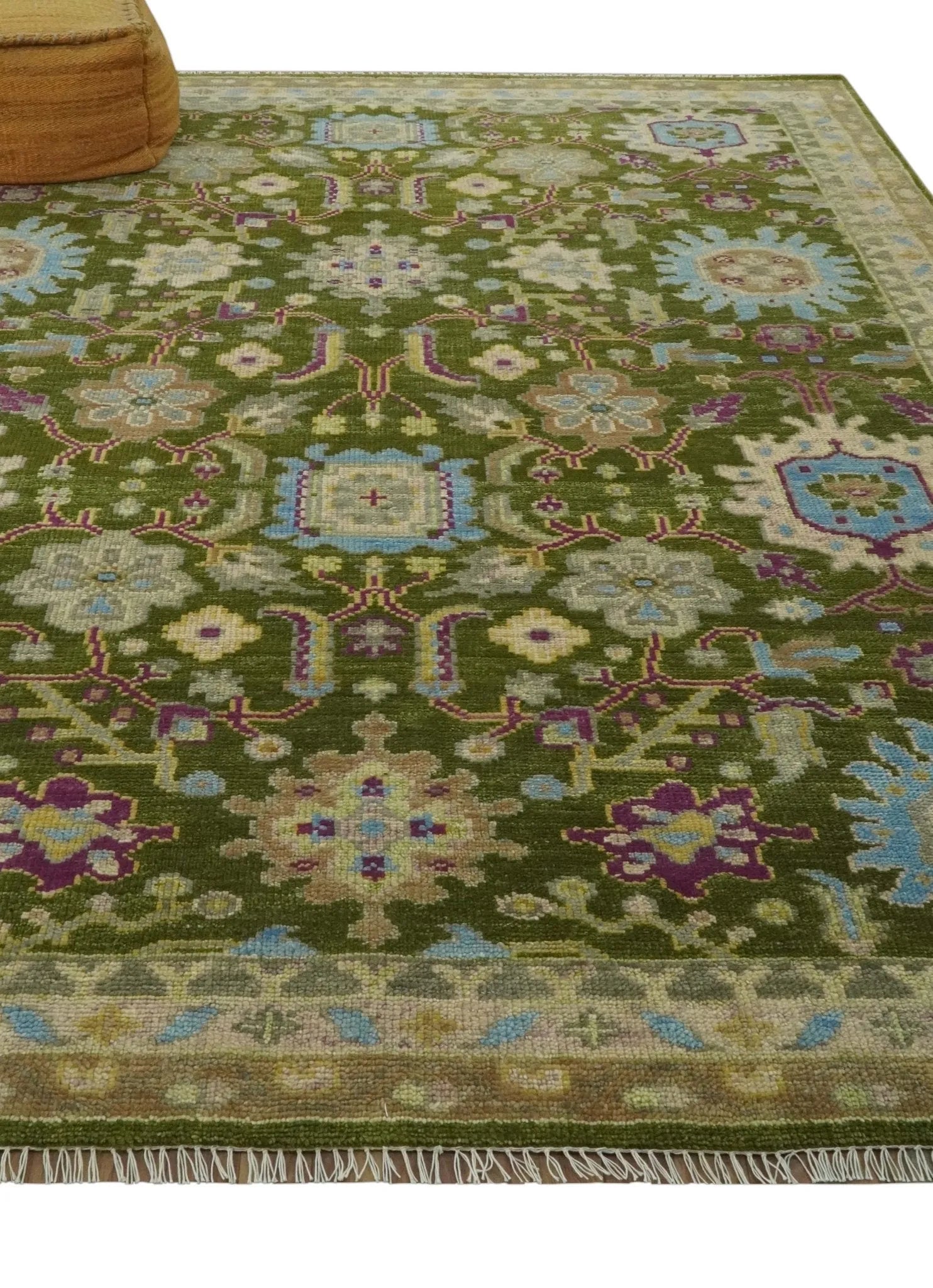 Custom Made Green, Beige and Purple Hand Knotted Traditional Oushak wool area rug