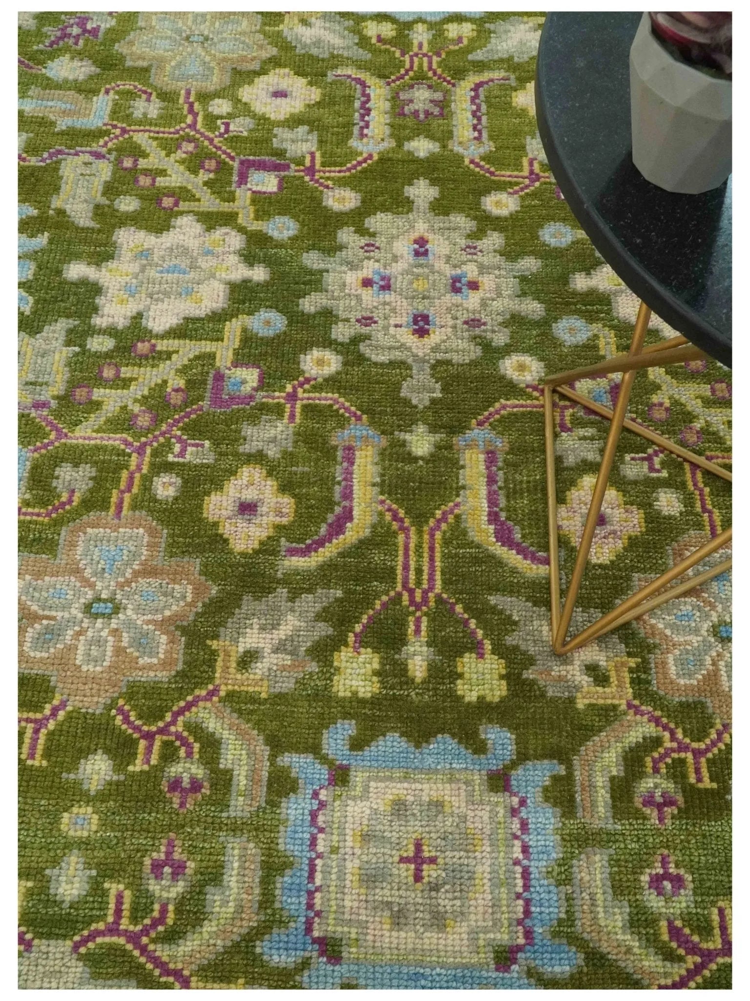 Custom Made Green, Beige and Purple Hand Knotted Traditional Oushak wool area rug