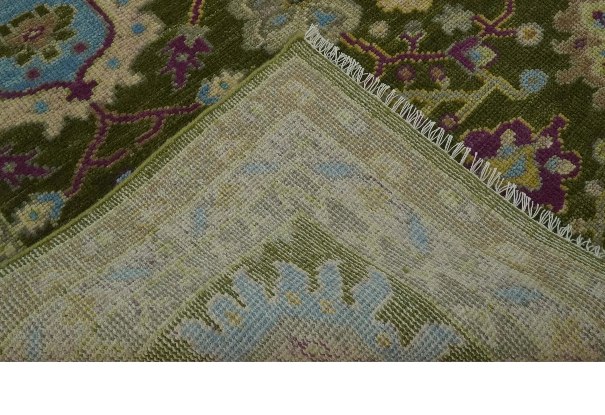 Custom Made Green, Beige and Purple Hand Knotted Traditional Oushak wool area rug