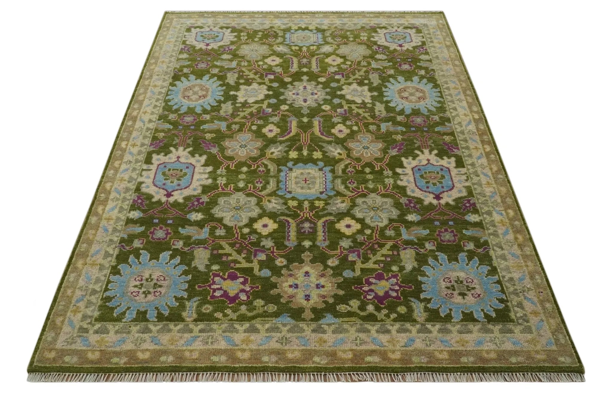 Custom Made Green, Beige and Purple Hand Knotted Traditional Oushak wool area rug