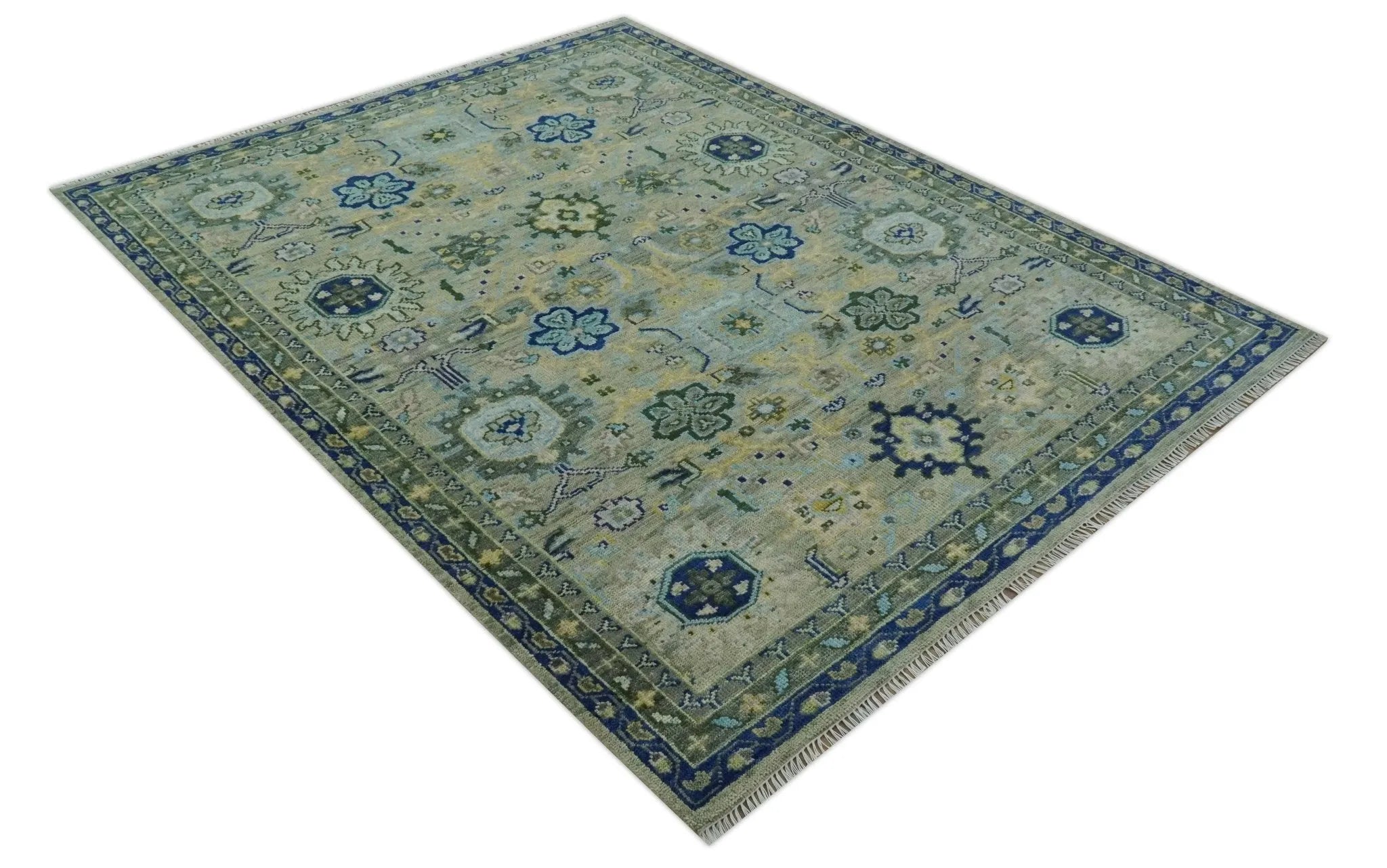 Custom Made Green, Grey and Mustard Hand Knotted Traditional Oushak wool area rug