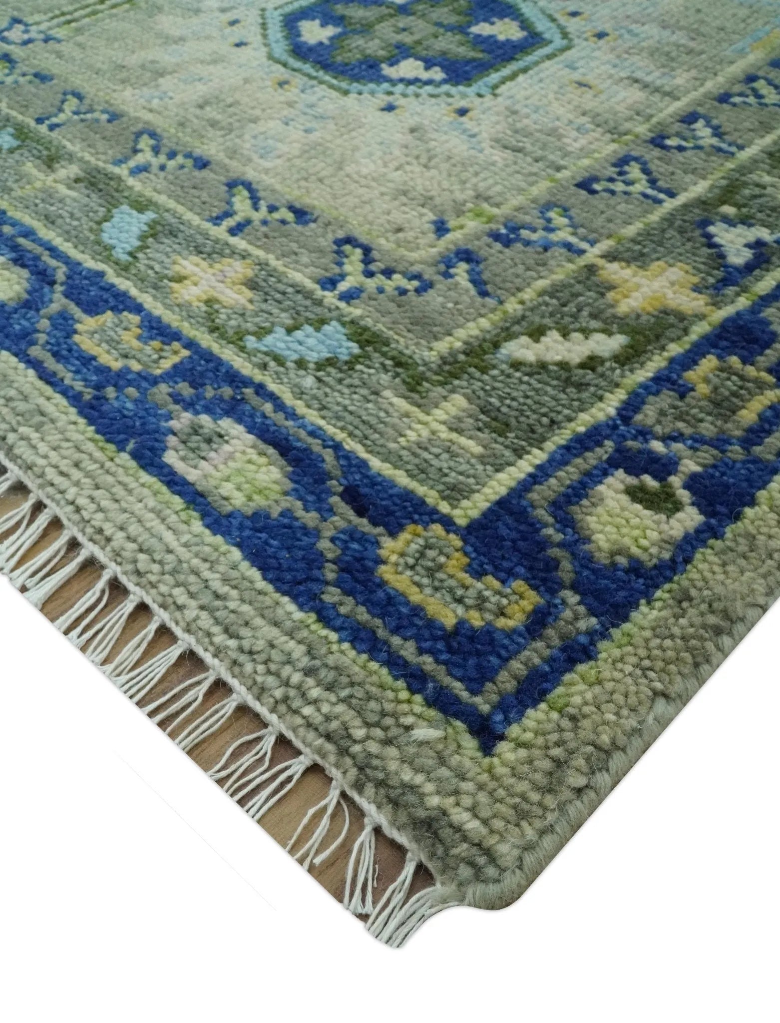 Custom Made Green, Grey and Mustard Hand Knotted Traditional Oushak wool area rug