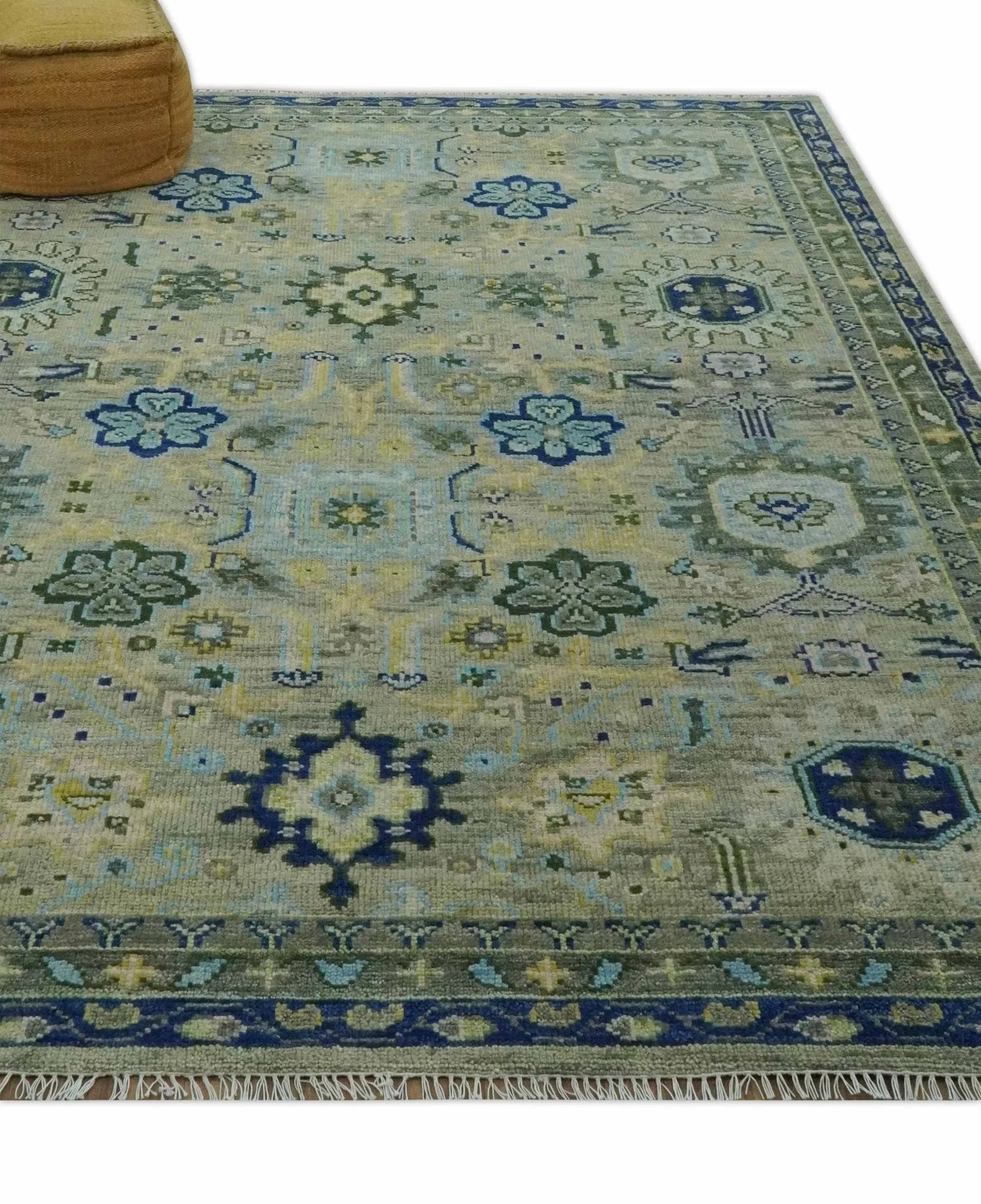 Custom Made Green, Grey and Mustard Hand Knotted Traditional Oushak wool area rug