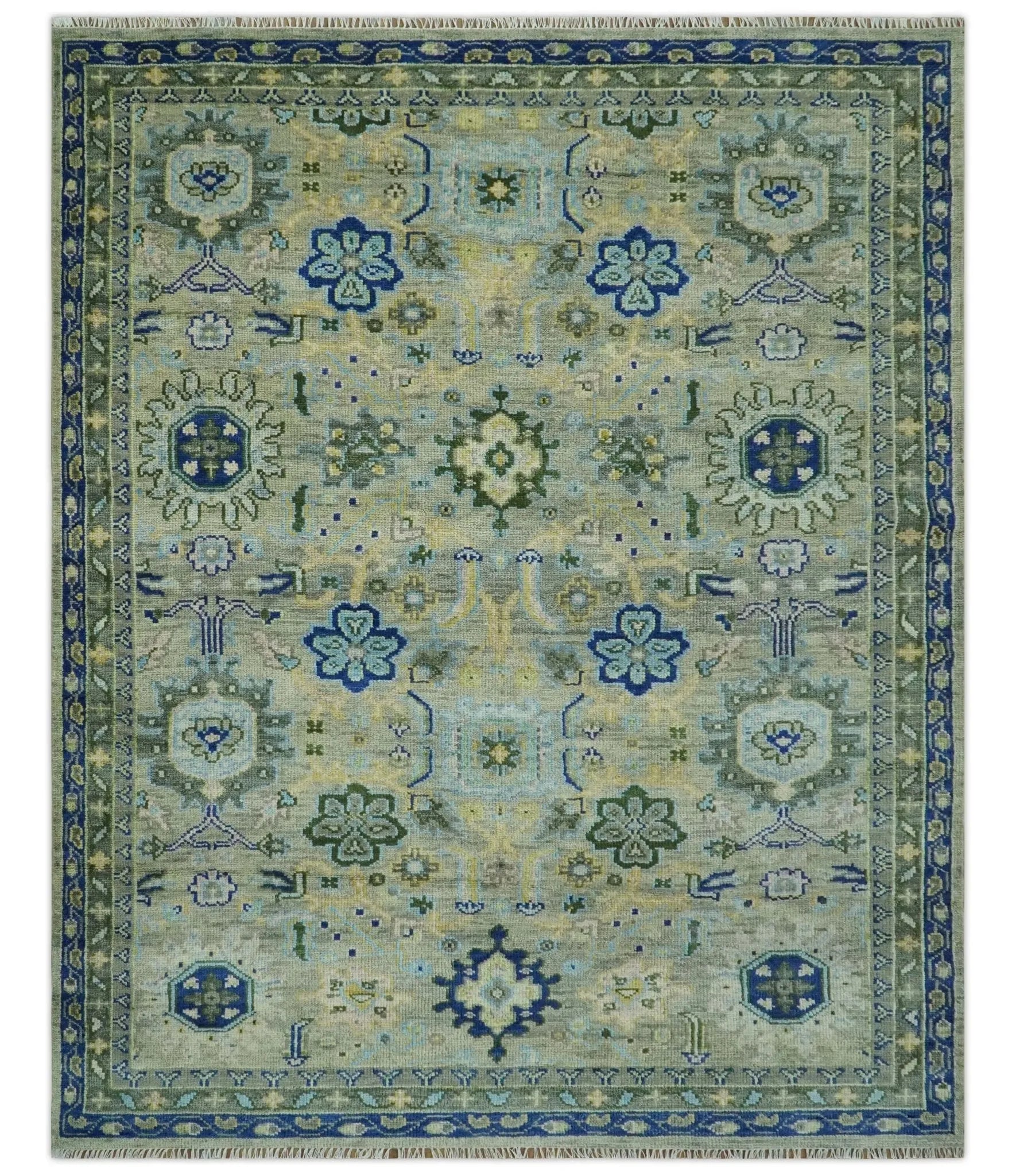 Custom Made Green, Grey and Mustard Hand Knotted Traditional Oushak wool area rug