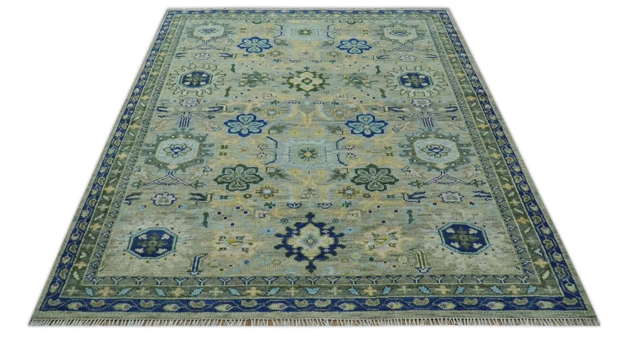 Custom Made Green, Grey and Mustard Hand Knotted Traditional Oushak wool area rug