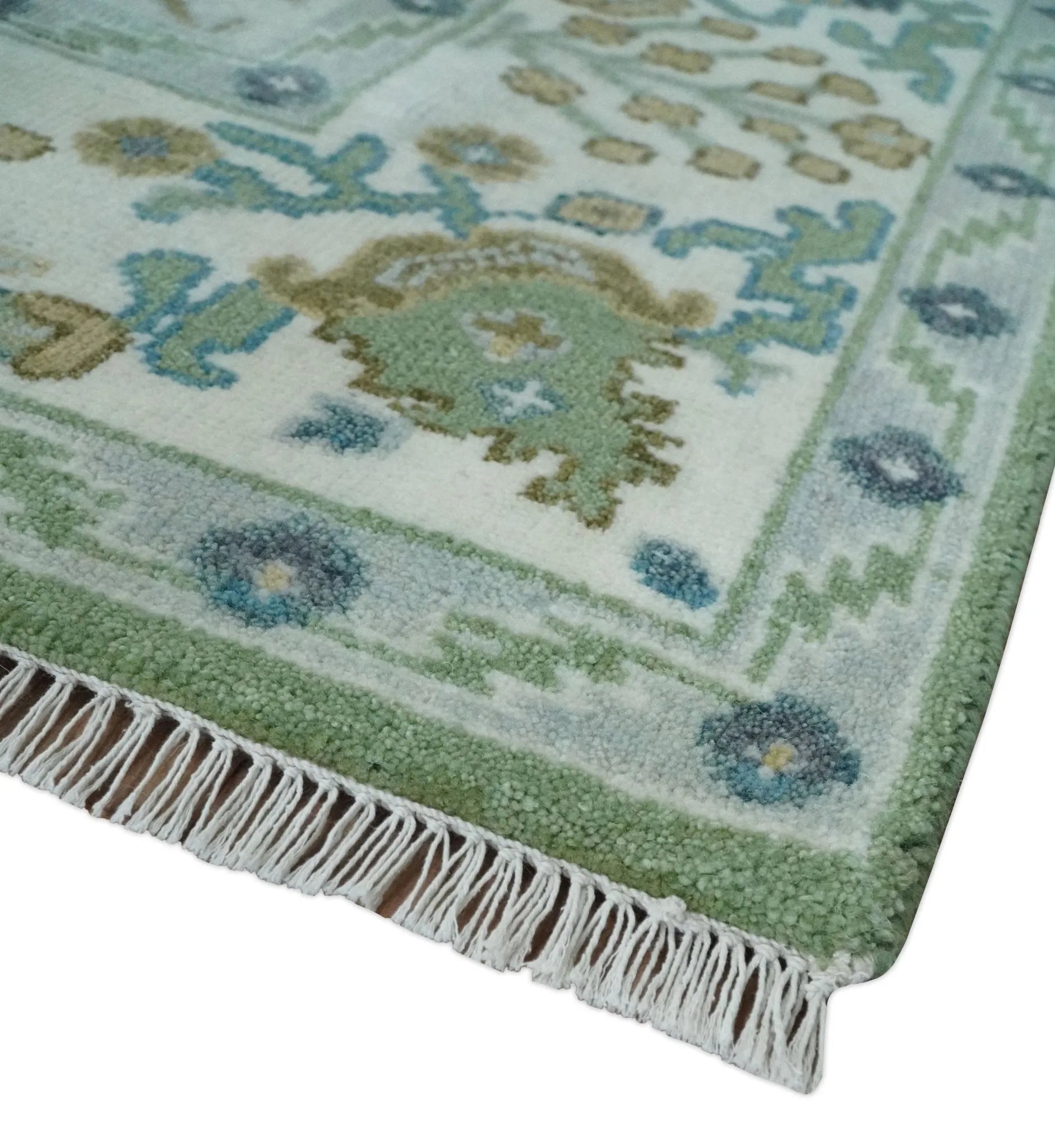 Custom Made Green, Ivory and Silver Traditional Turkish Hand Knotted Wool Rug