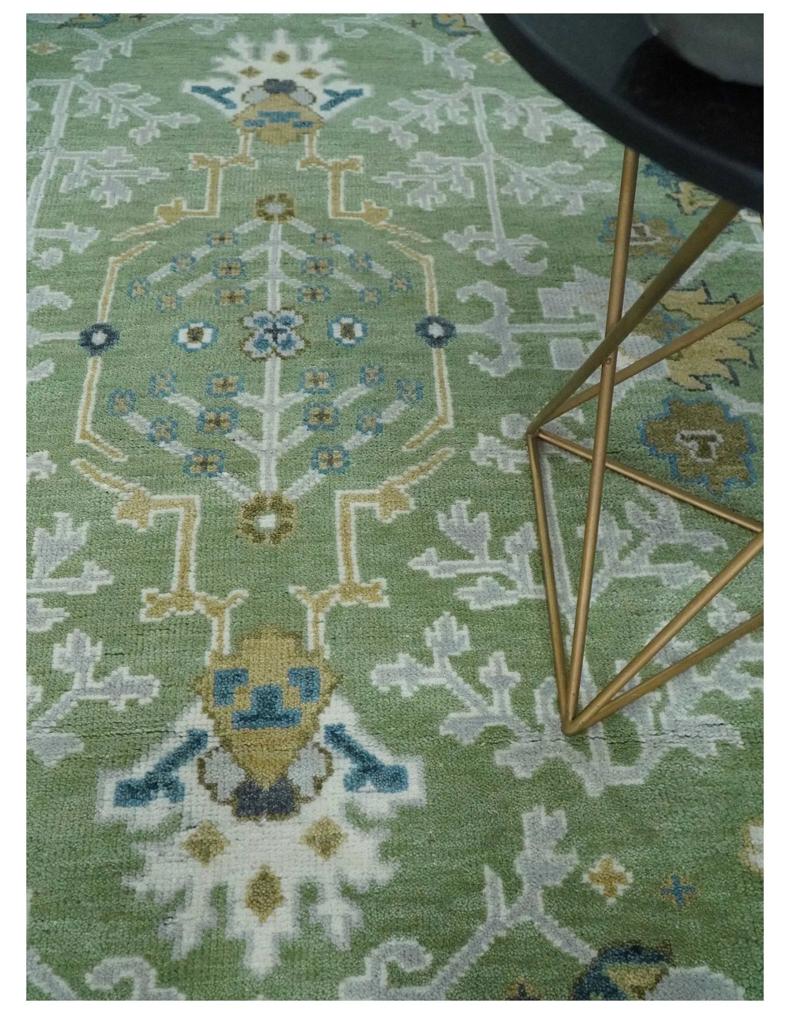 Custom Made Green, Ivory and Silver Traditional Turkish Hand Knotted Wool Rug